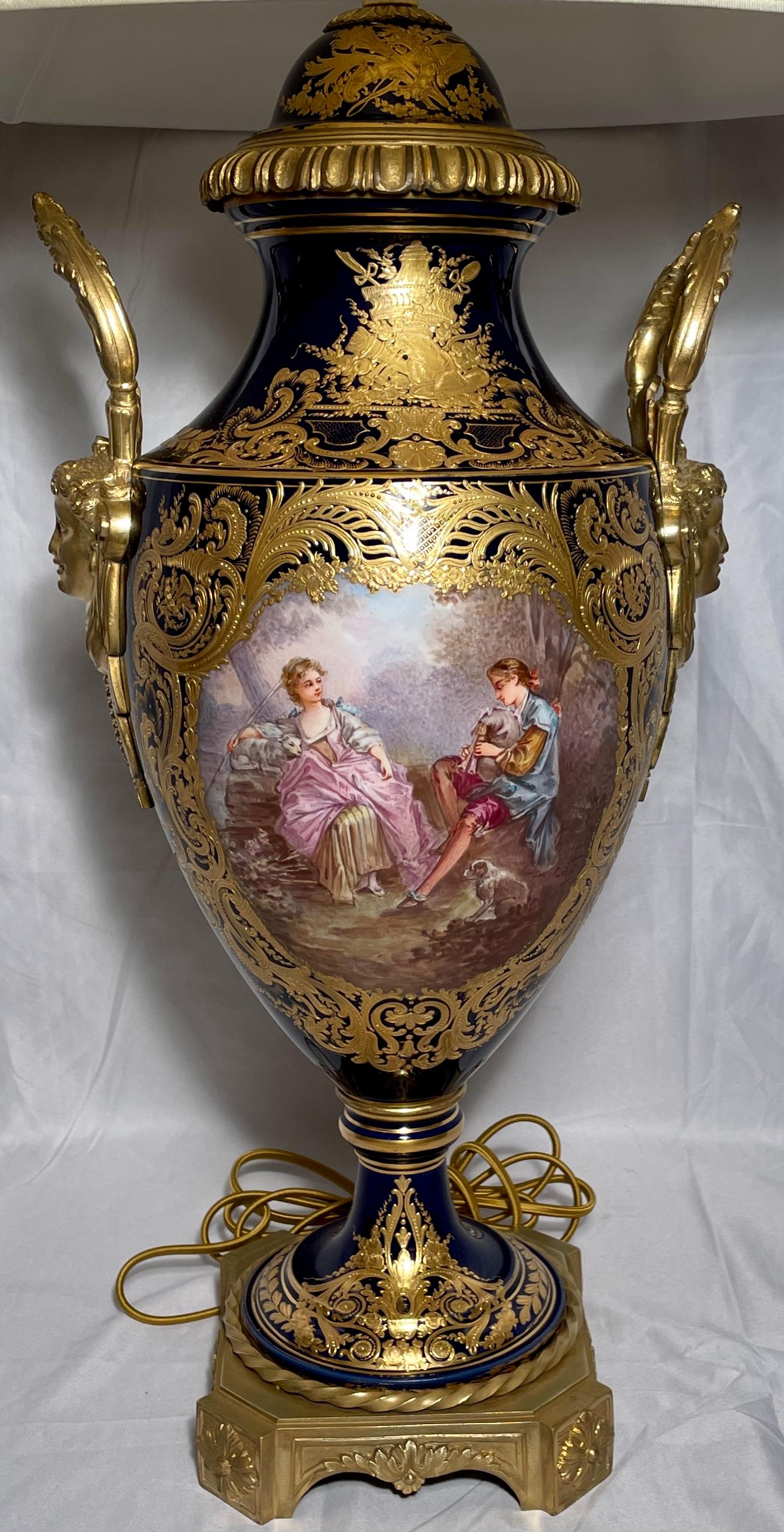 Exceptional antique French gold encrusted cobalt Sèvres porcelain urn converted to lamp.