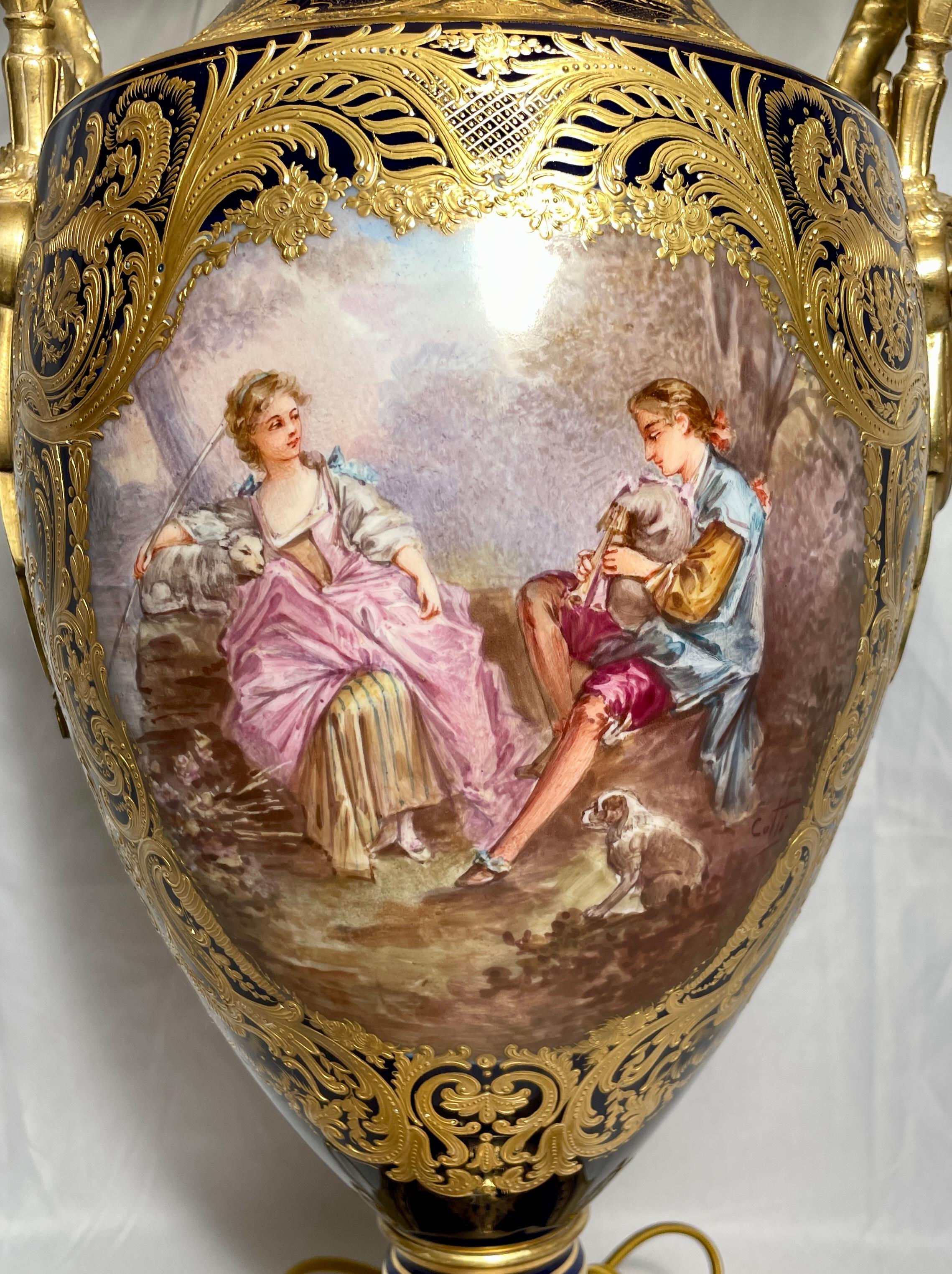 Antique French Gold Encrusted Cobalt Sèvres Porcelain Urn Converted to Lamp In Good Condition For Sale In New Orleans, LA
