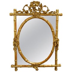 Antique French Gold Leaf Gilt Faux Bamboo Mirror with Oval Center Mirror