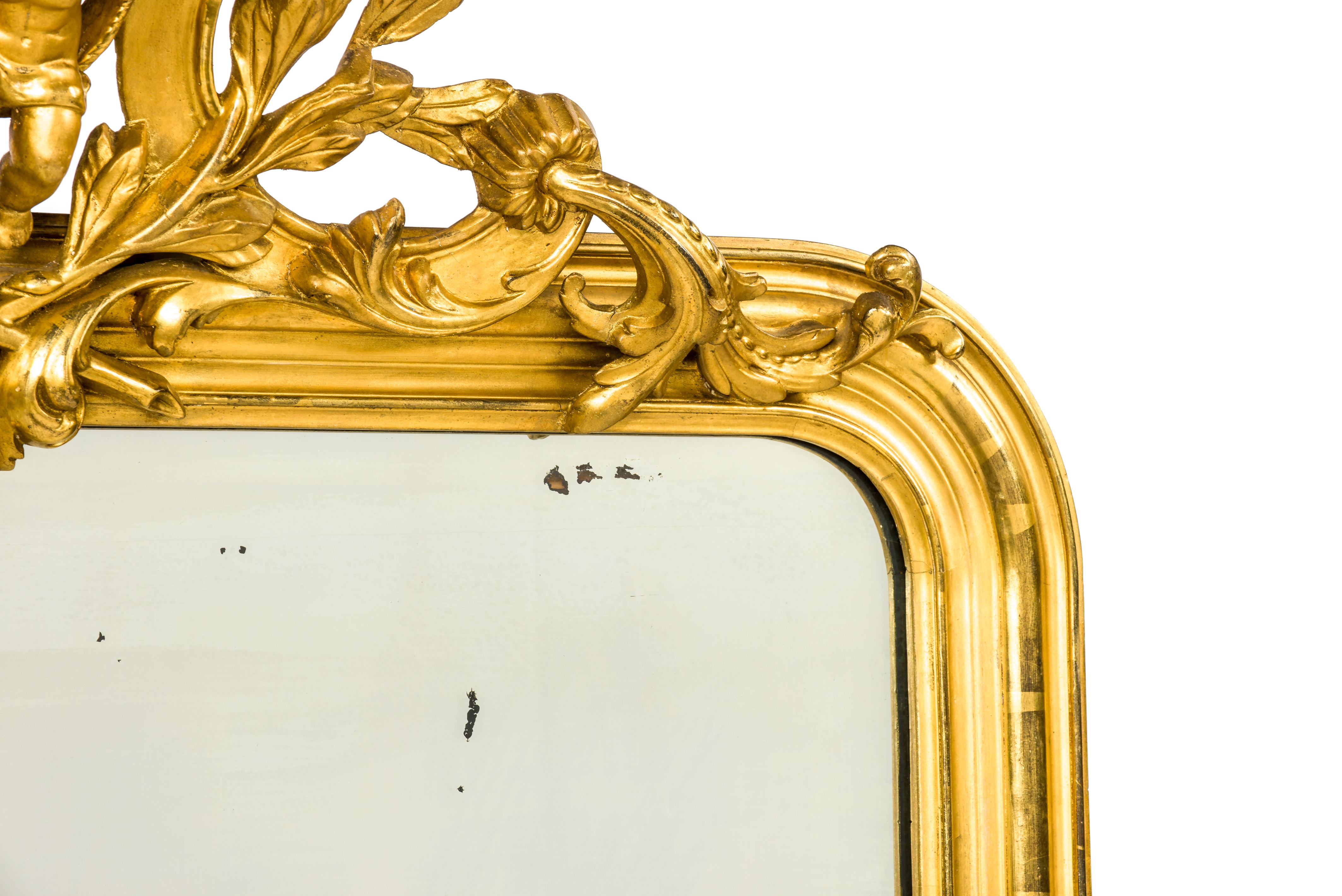 Antique French Gold Leaf Gilt Louis Philippe Mirror with Putti Dated 1879 In Good Condition In Casteren, NL