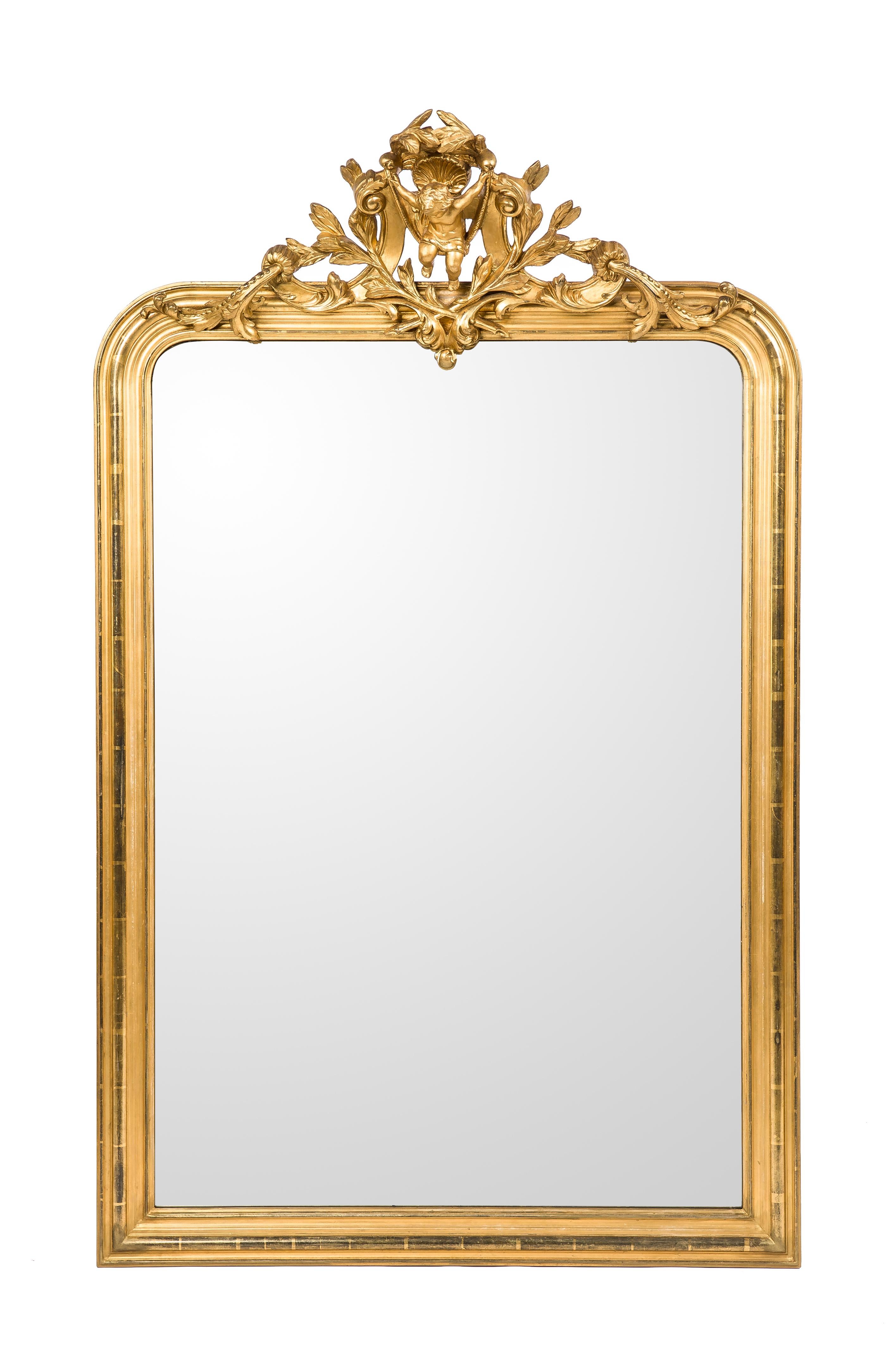 Antique French Gold Leaf Gilt Louis Philippe Mirror with Putti Dated 1879 For Sale 4