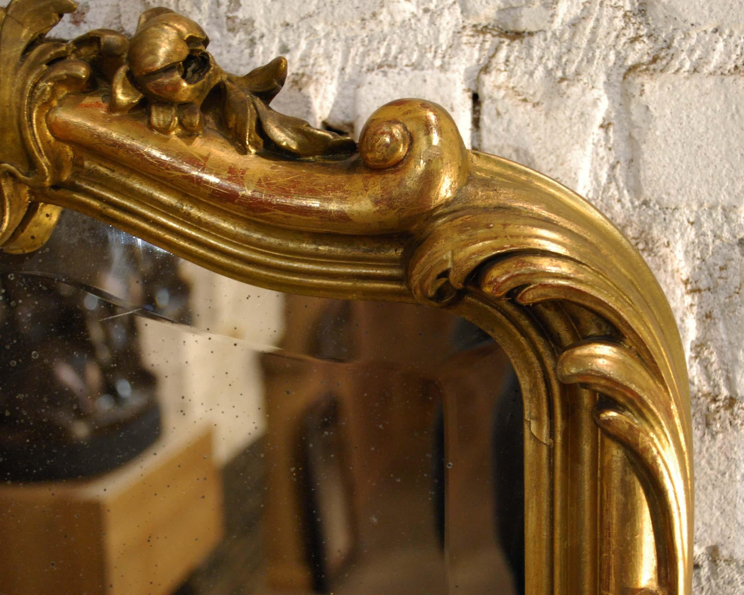 Gesso Antique French Gold Leaf Gilt Narrow Louis XV or Rococo Mirror