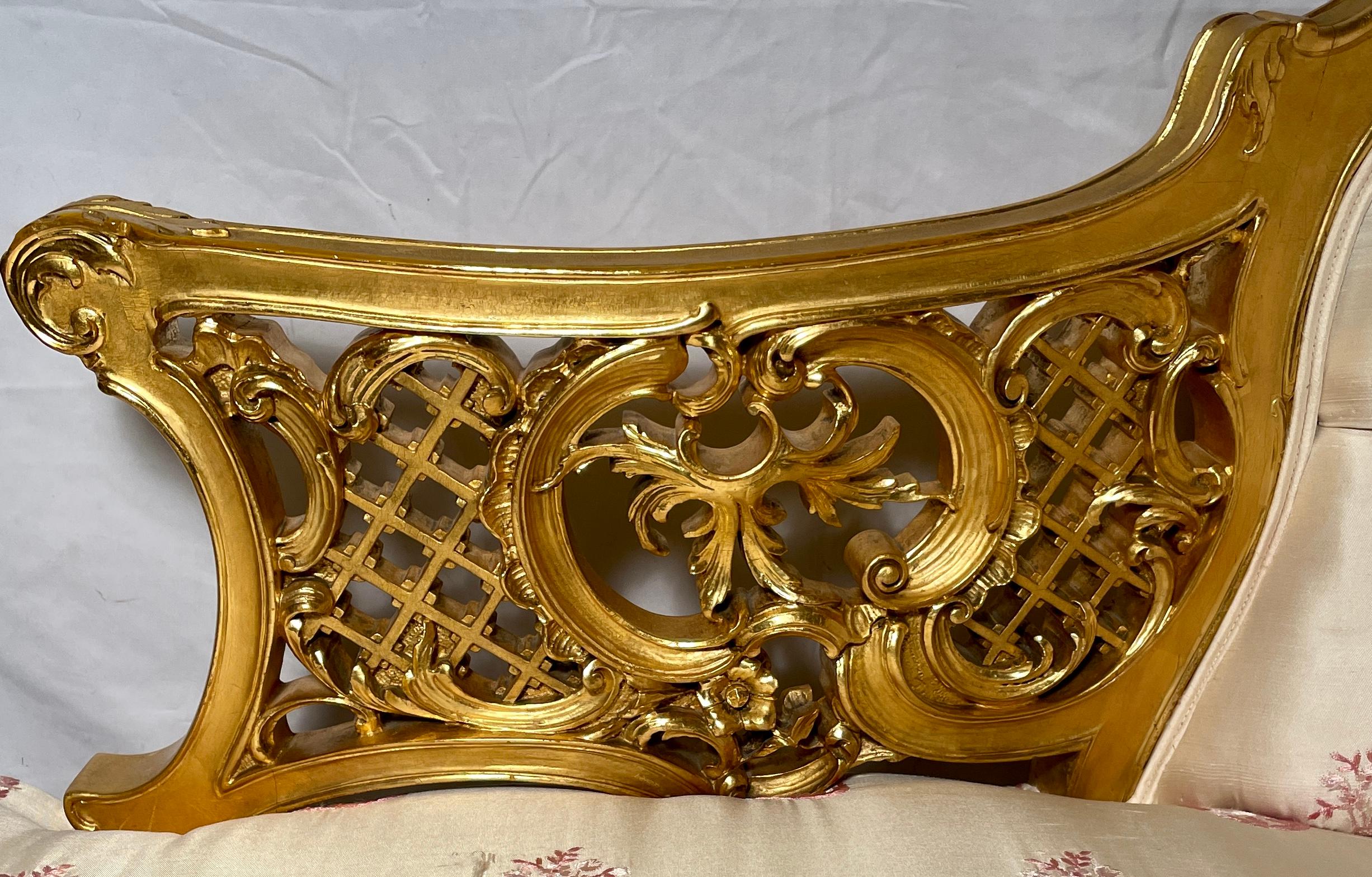 Antique French Gold-Leaf Recamier Chaise Lounge with Carved Wood, Circa 1890s 1