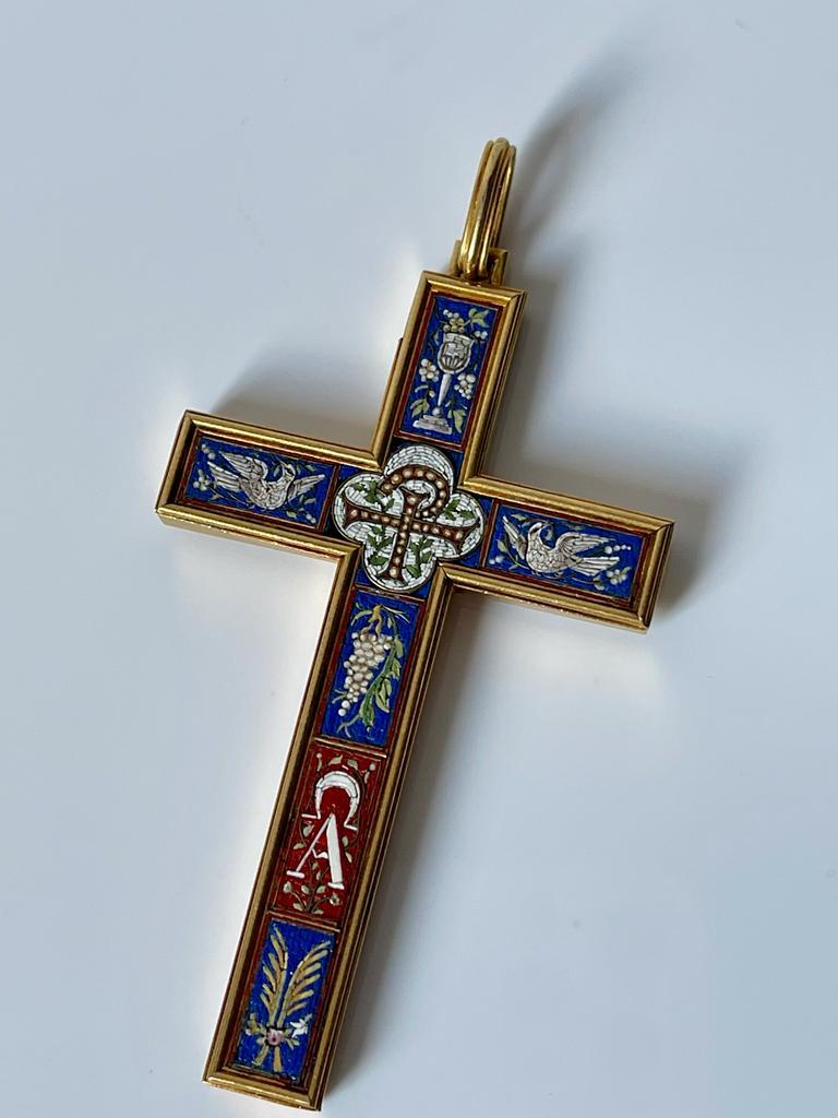 Victorian Antique French Gold Micromosaic Cross Pendant, circa 1870