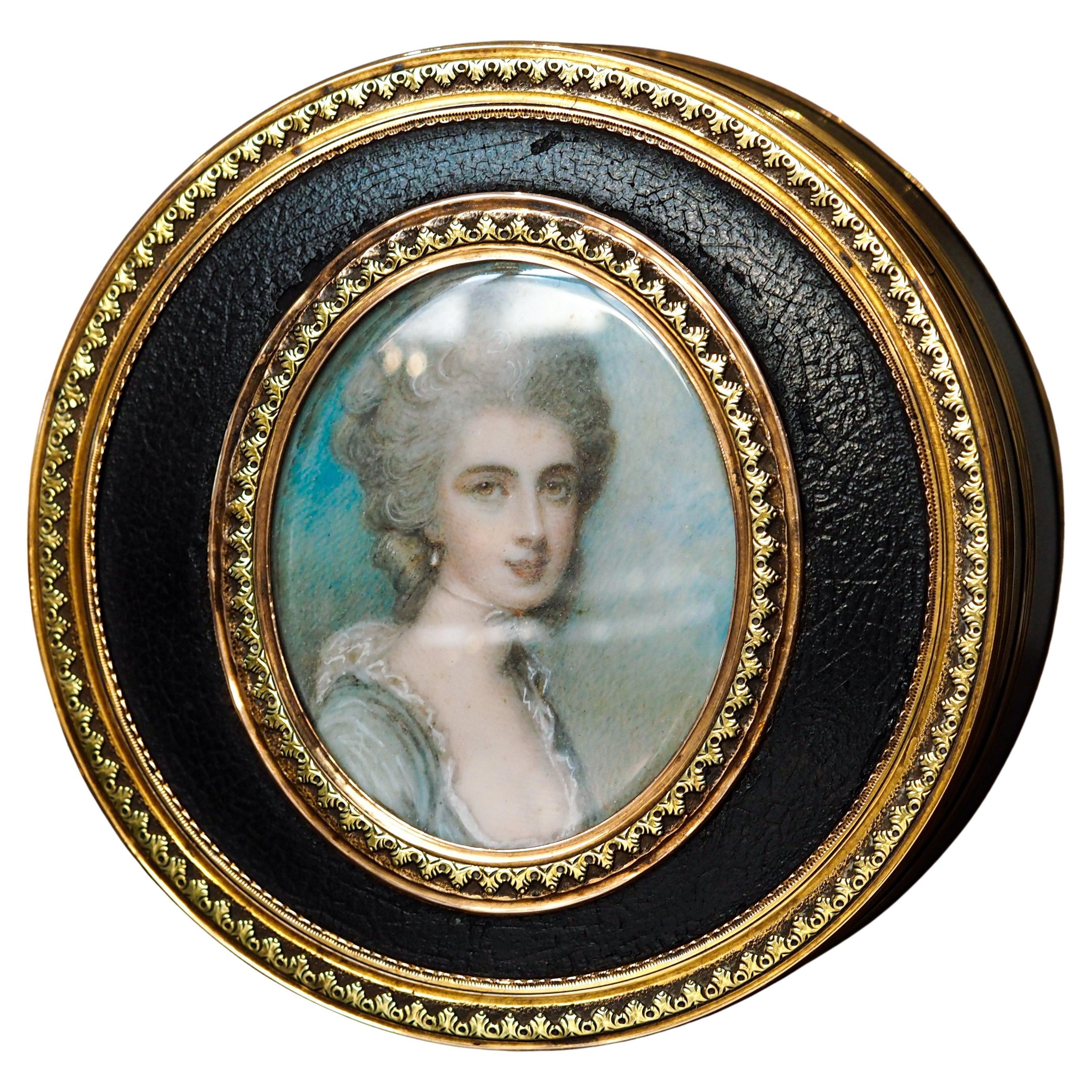 Antique French Gold Mounted Box, Portrait of a Lady Manner of Cosway 18° C. in vendita