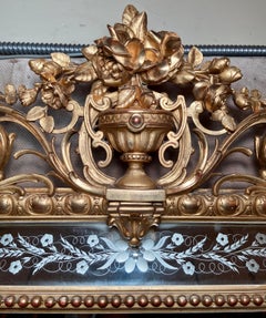 Antique French Gold Panel Beveled Mirror with Etching, circa 1875-1885