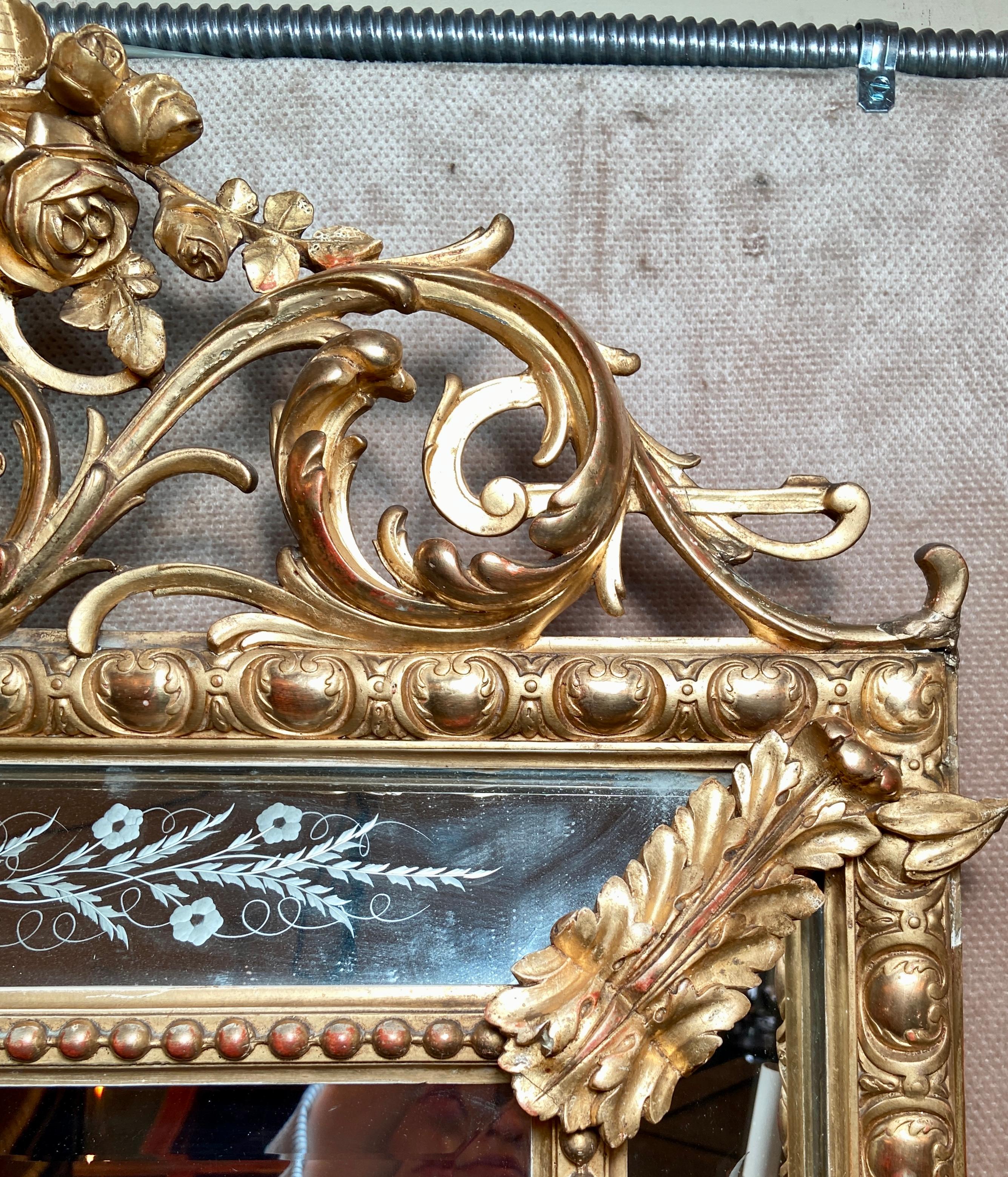 Antique French Gold Panel Beveled Mirror with Etching, circa 1875-1885 In Good Condition In New Orleans, LA