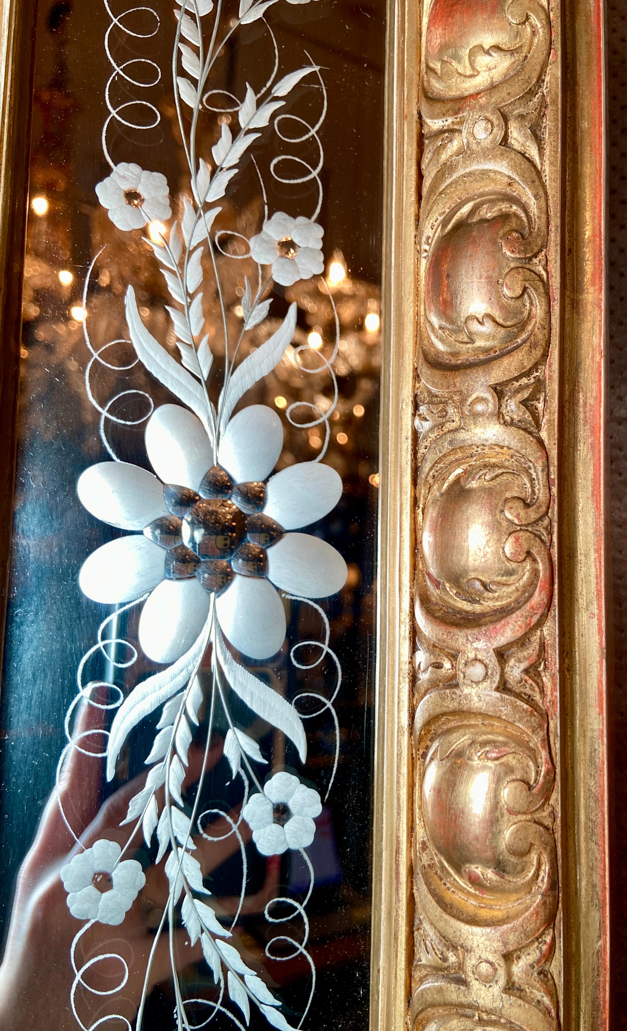 Antique French Gold Panel Beveled Mirror with Etching, circa 1875-1885 1