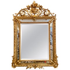 Antique Mirror biseauté à panneau d'or français avec gravure, circa 1875-1885