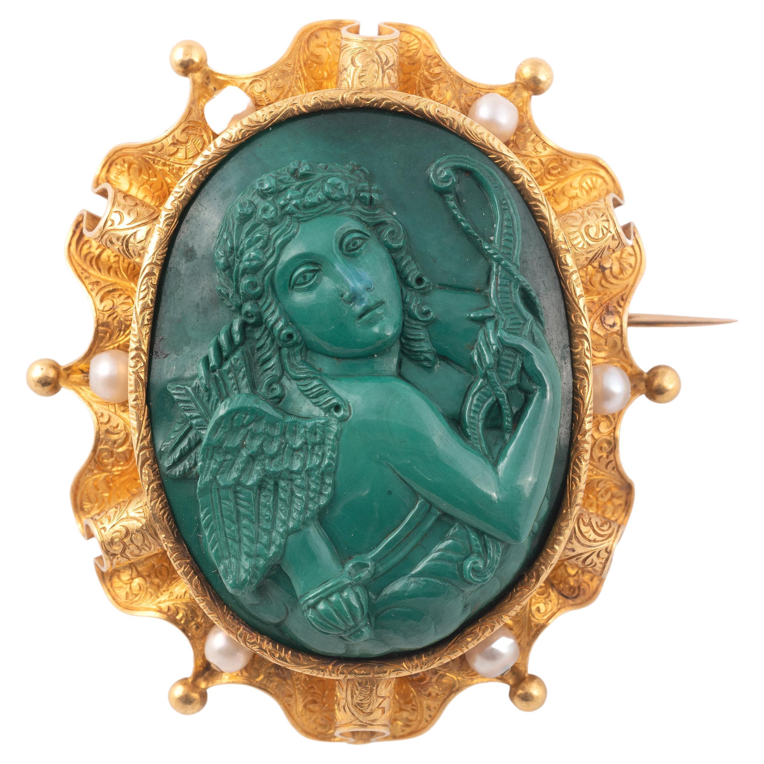 Broche/pendentif français ancien camée en or, perles et malachite