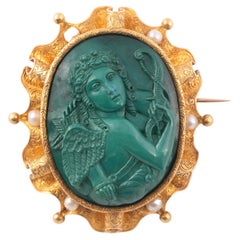 Antique French Gold Pearl and Malachite Cameo Brooch/Pendant