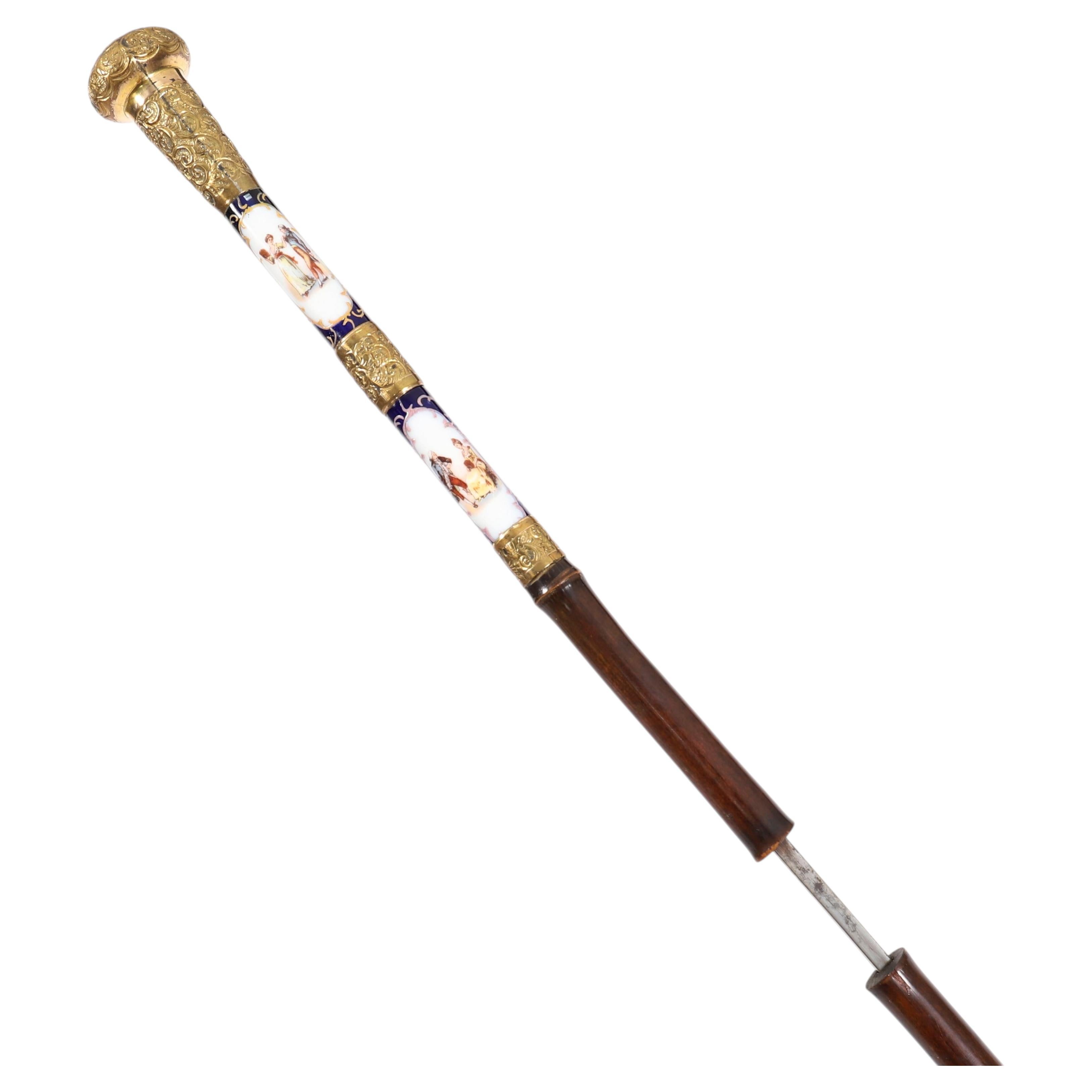 Antique French Gold Plate Sevres Porcelain Walking / Sword Stick 19thC 91cm 36"