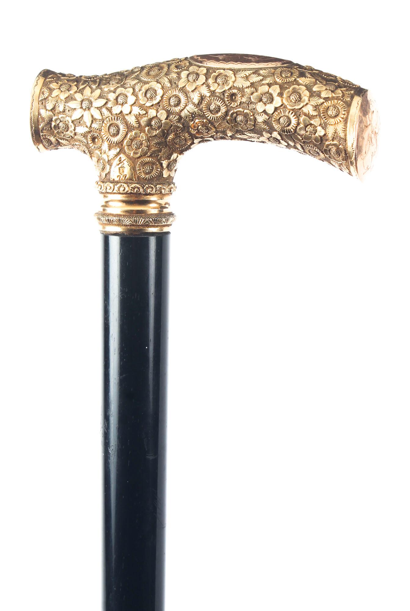 Antique French Gold-Plated Lacquered Walking Stick Cane, 19th Century 5