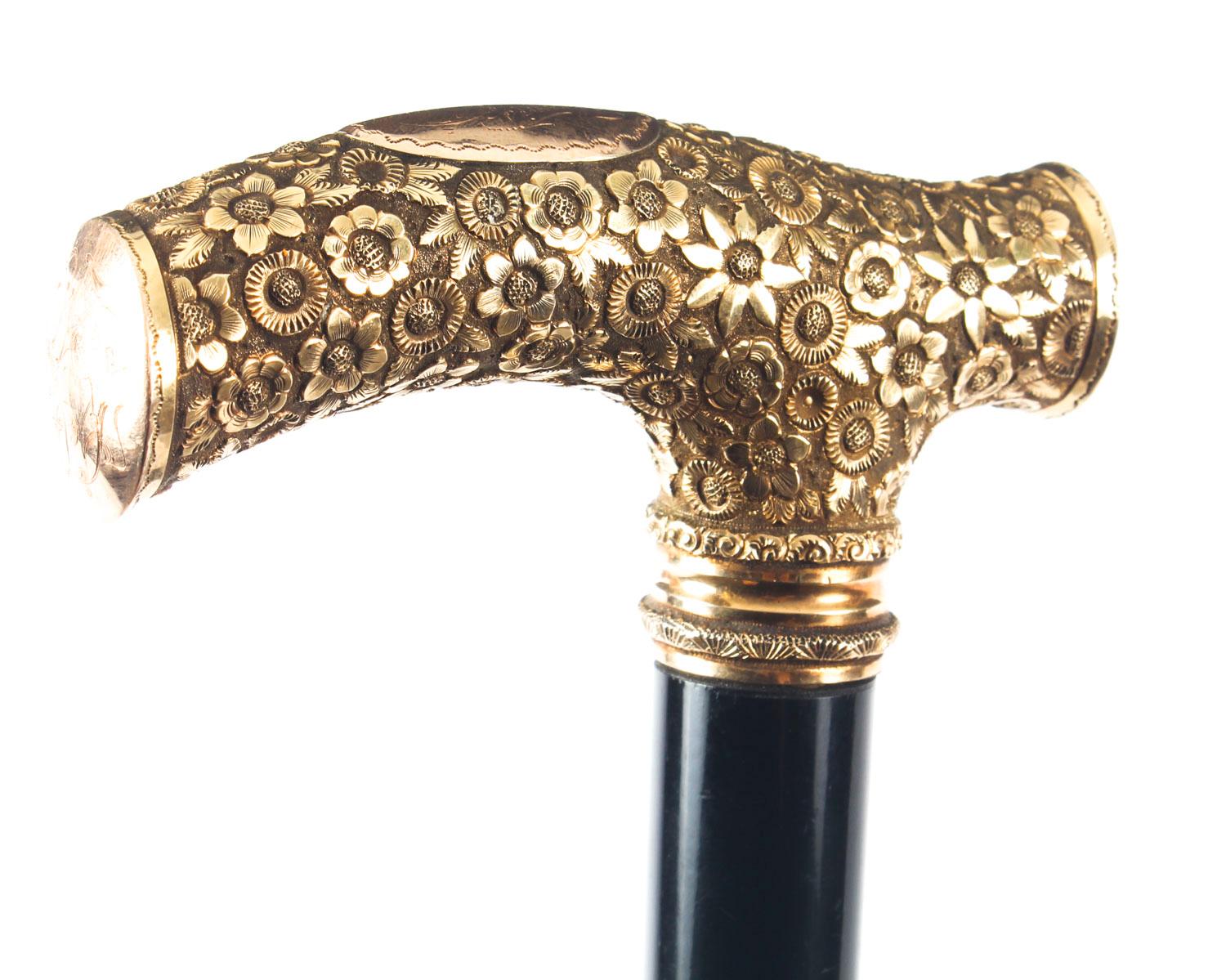 Gold Plate Antique French Gold-Plated Lacquered Walking Stick Cane, 19th Century