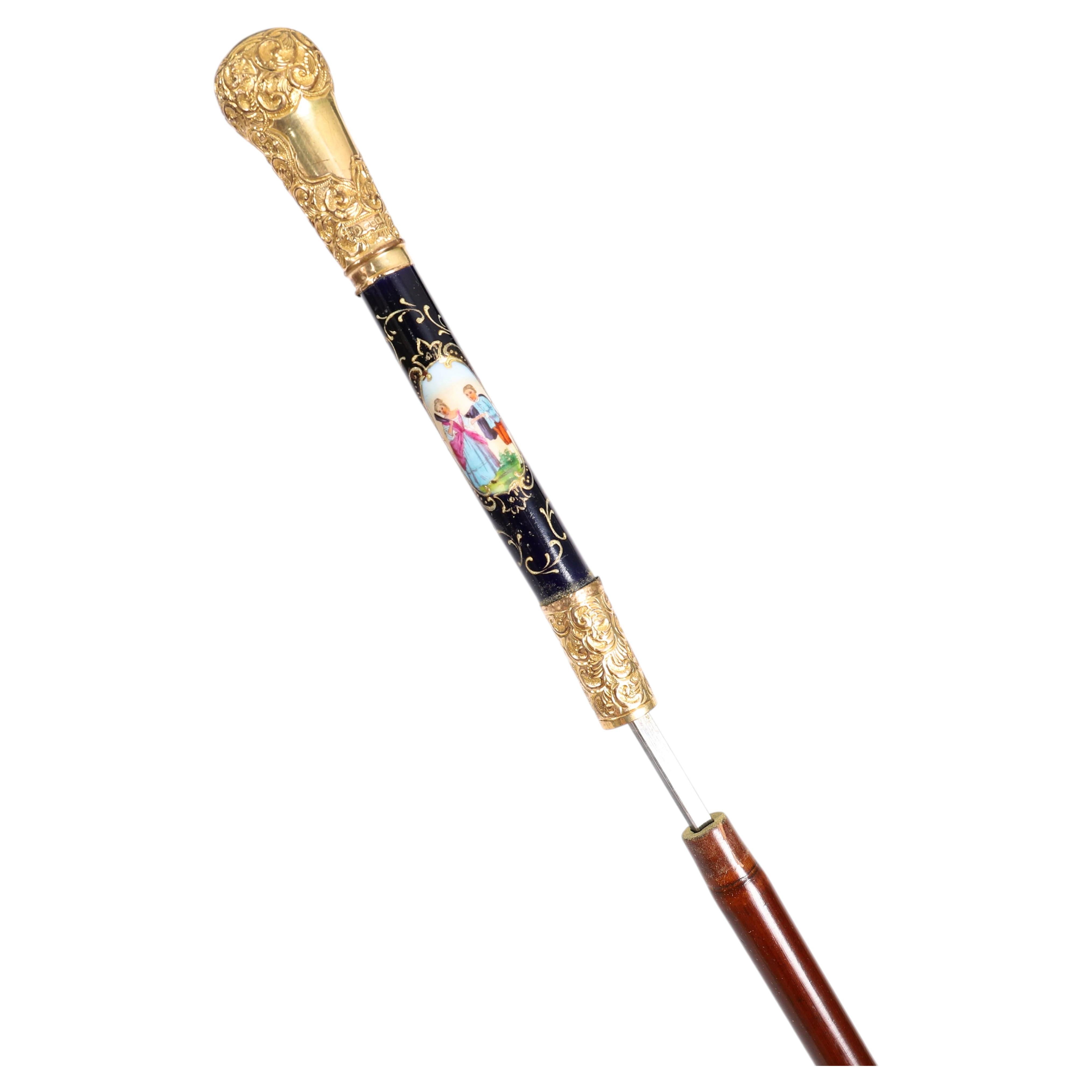 Antique French Gold Plated Sevres Porcelain Walking/ Sword Stick 19th Century