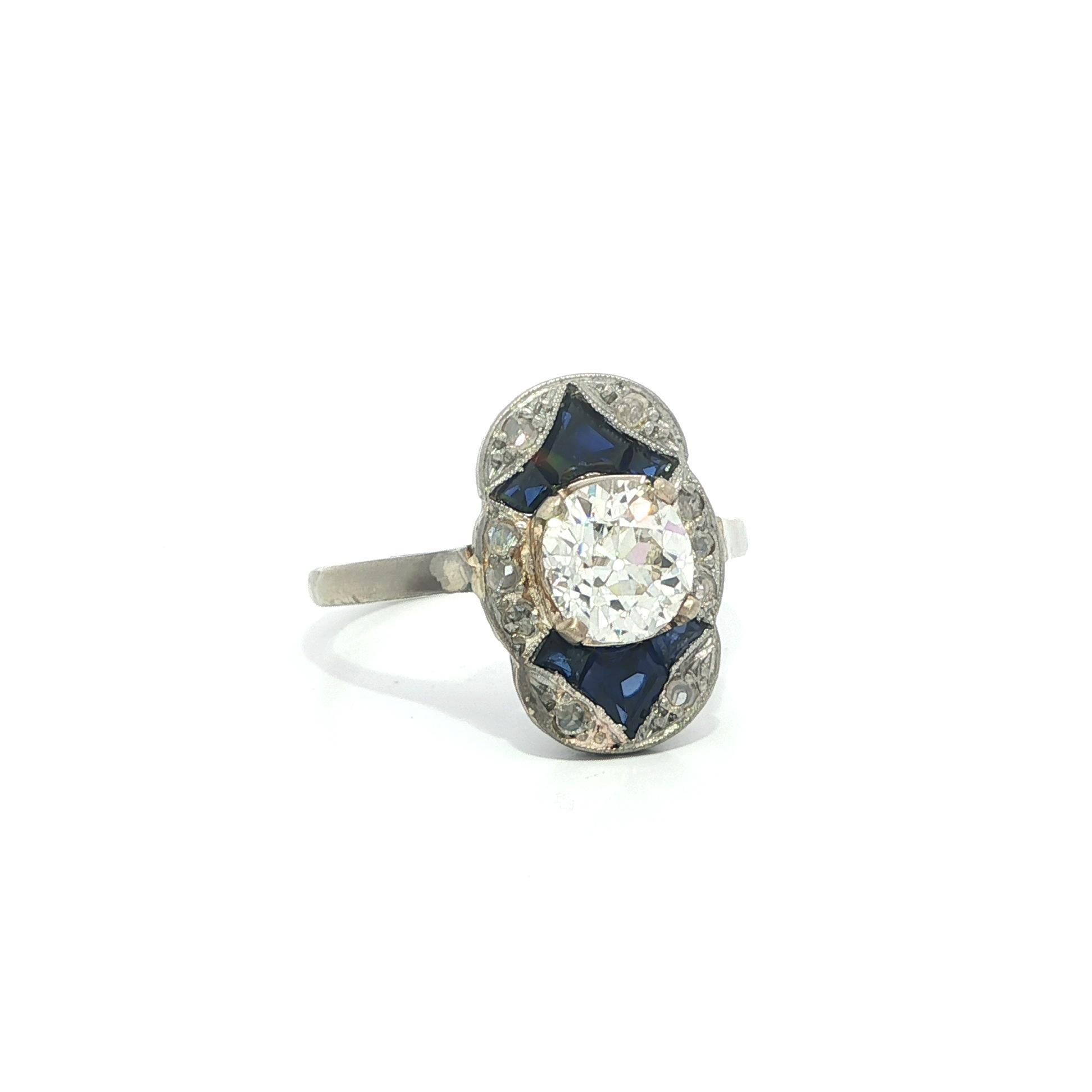 Antique French Gold 
Platinum 1.22ct GIA Old Mine Cut Diamond Sapphire Ring For Sale