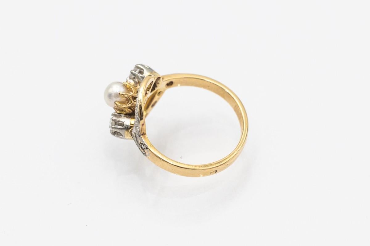 Rose Cut Antique French gold ring with rose cut diamonds and a pearl For Sale
