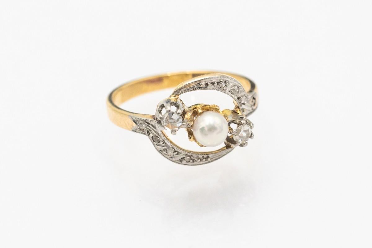 Antique French gold ring with rose cut diamonds and a pearl In Good Condition For Sale In Chorzów, PL