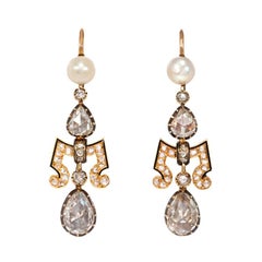 Antique French Gold, Rose Diamond, Pearl, and Enamel Pendant Earrings
