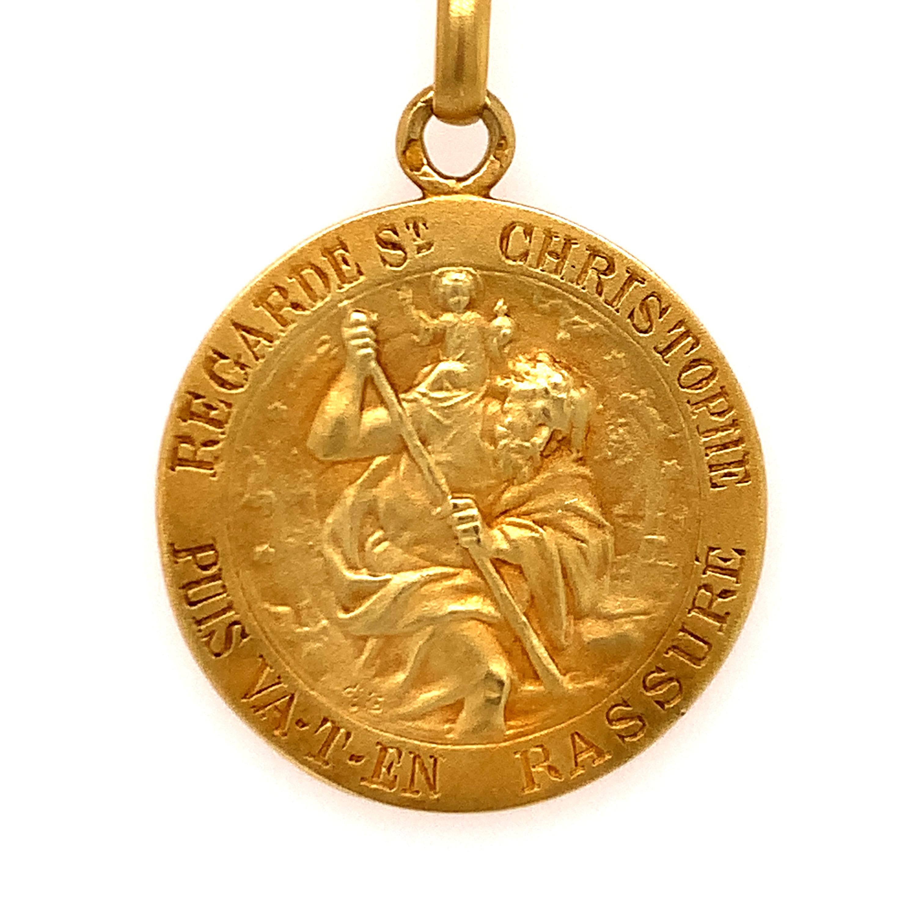 Most beautiful St. Christopher's medal.  Made in France, c.1910. Soft glowing patina. On the front foreground is a well-detailed raised figure of St. Christopher holding a child, in the background is the full zodiac calendar with figural symbols for
