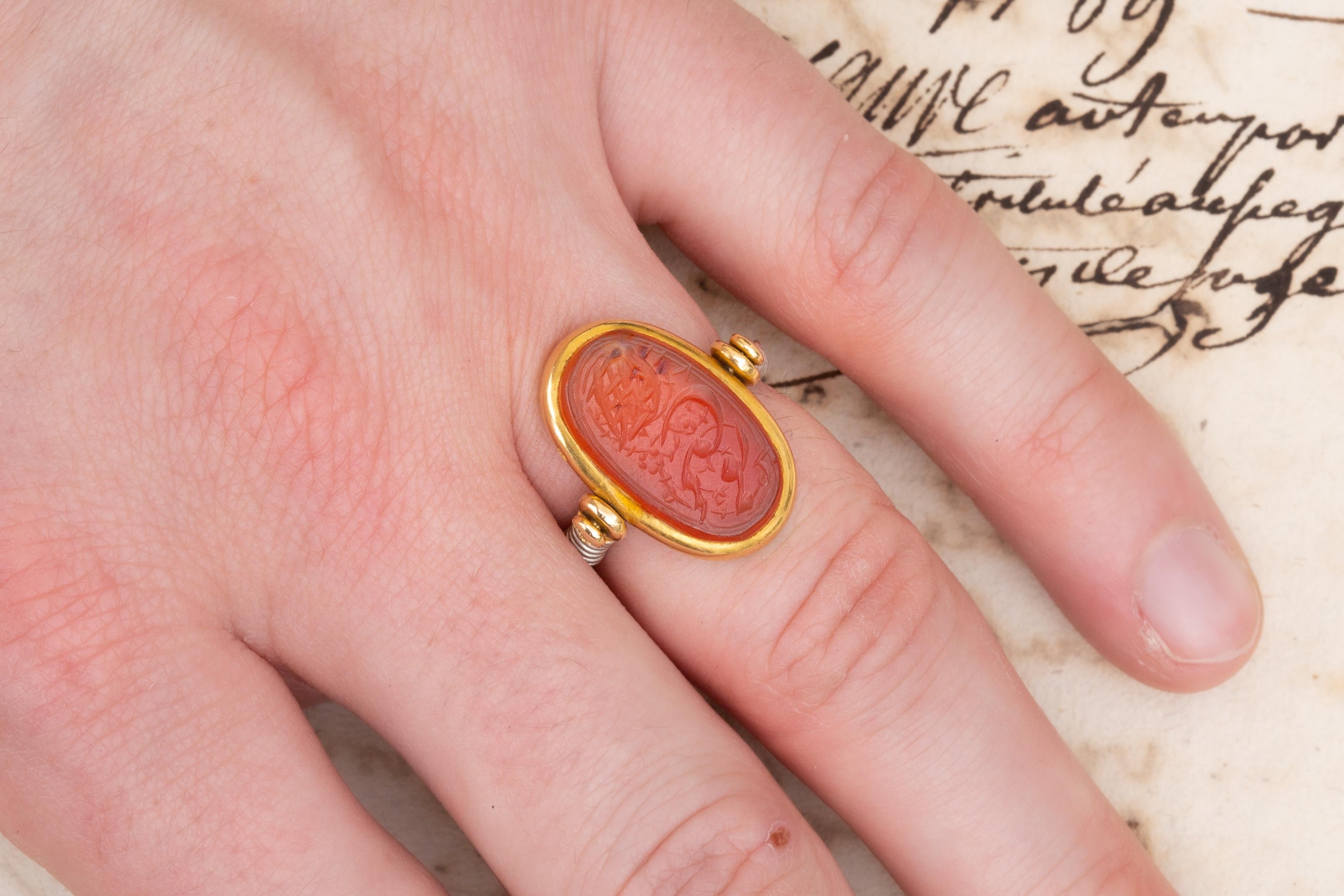 Antique French Gold Swivel Ring with Islamic Orange Agate Calligraphic Intaglio 1