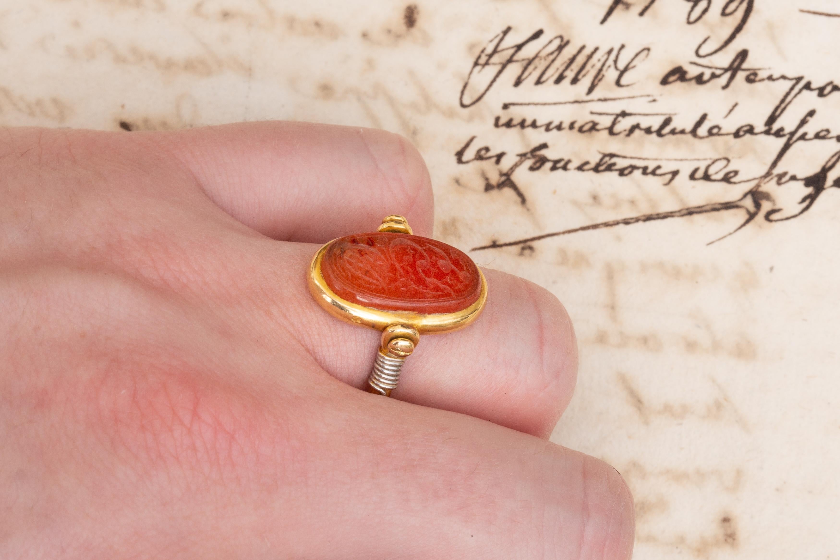 Antique French Gold Swivel Ring with Islamic Orange Agate Calligraphic Intaglio 2