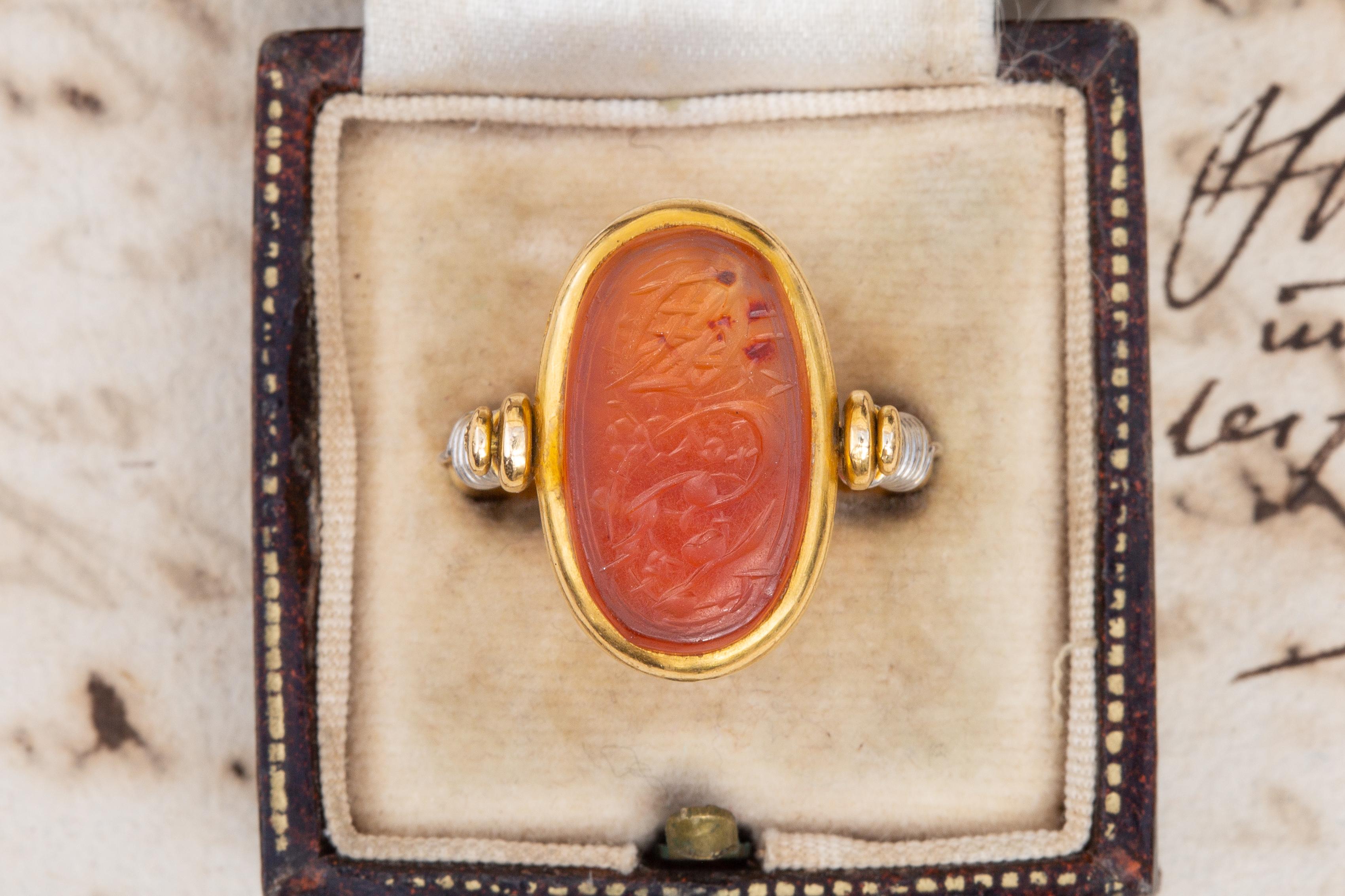 Egyptian Revival Antique French Gold Swivel Ring with Islamic Orange Agate Calligraphic Intaglio