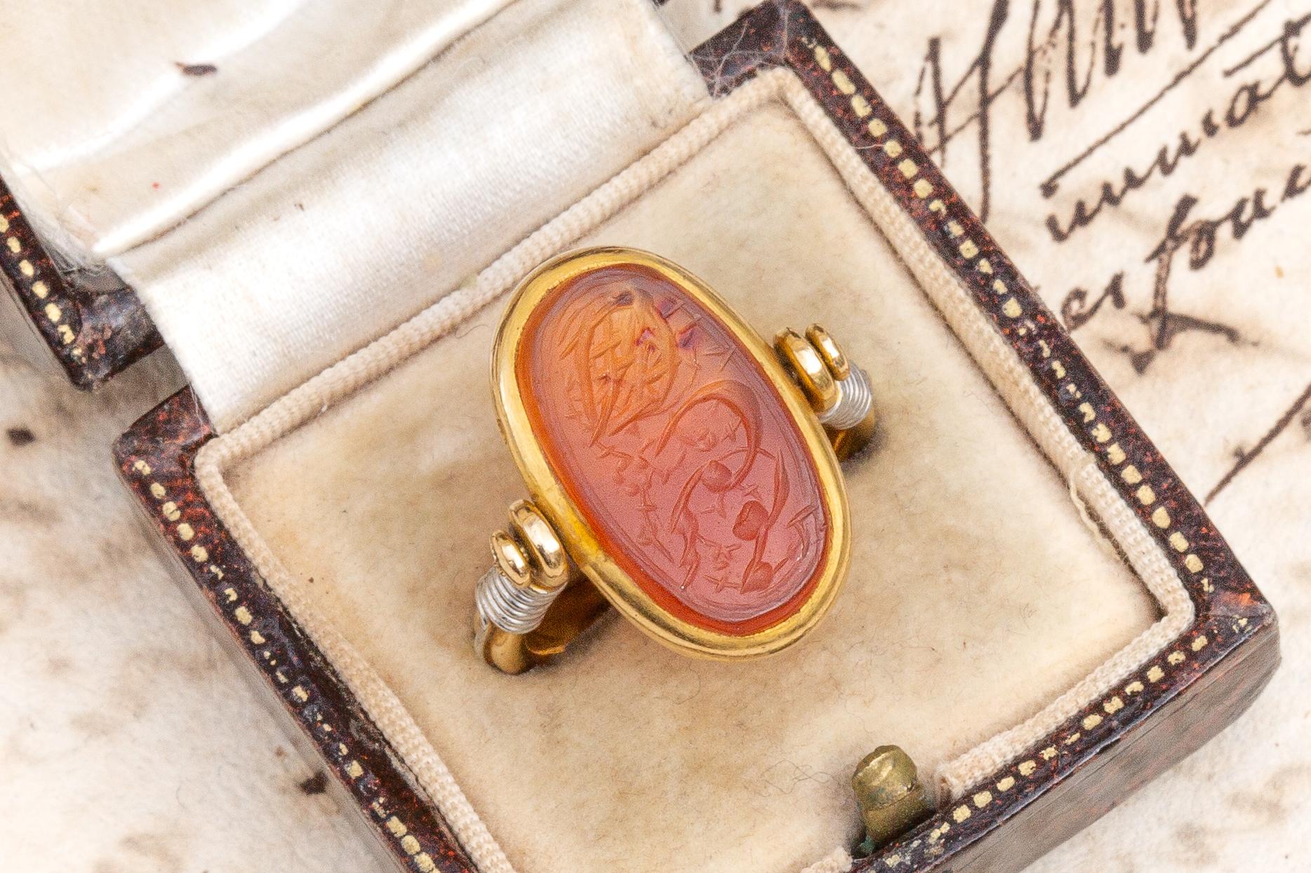 Oval Cut Antique French Gold Swivel Ring with Islamic Orange Agate Calligraphic Intaglio