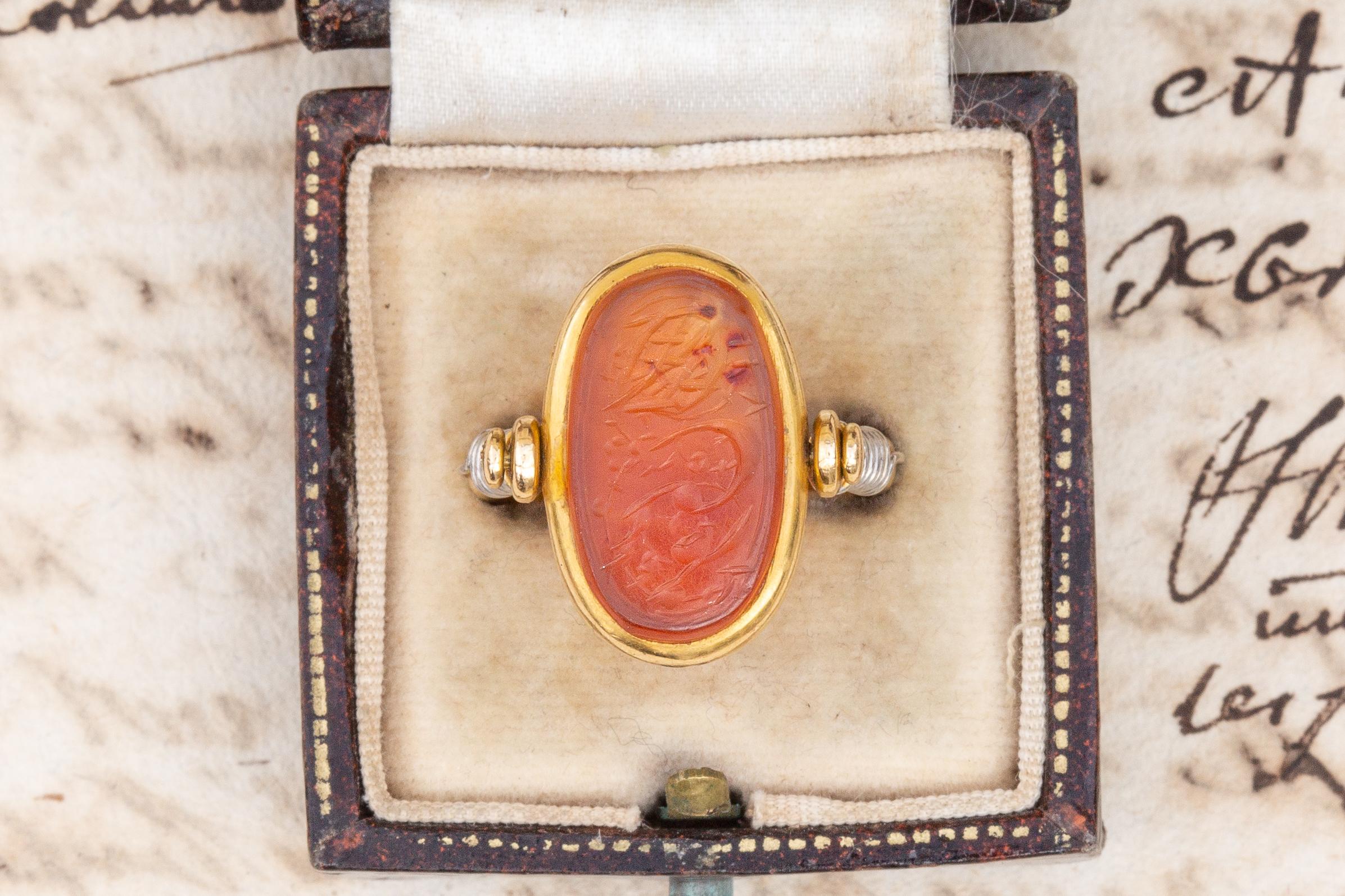 Women's or Men's Antique French Gold Swivel Ring with Islamic Orange Agate Calligraphic Intaglio