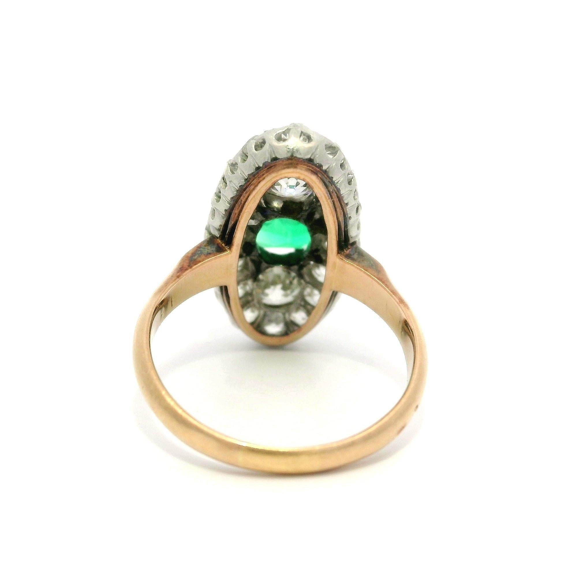 Antique French Gold w/ Platinum Muzo Colombian Emerald & Diamond Navette Ring For Sale 5