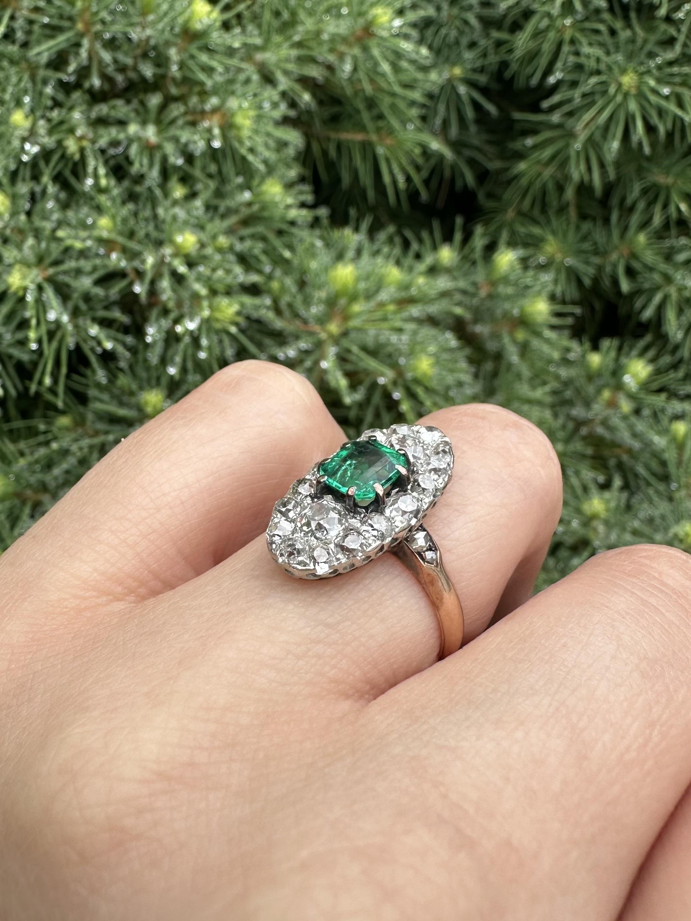 Antique French Gold w/ Platinum Muzo Colombian Emerald & Diamond Navette Ring For Sale 6