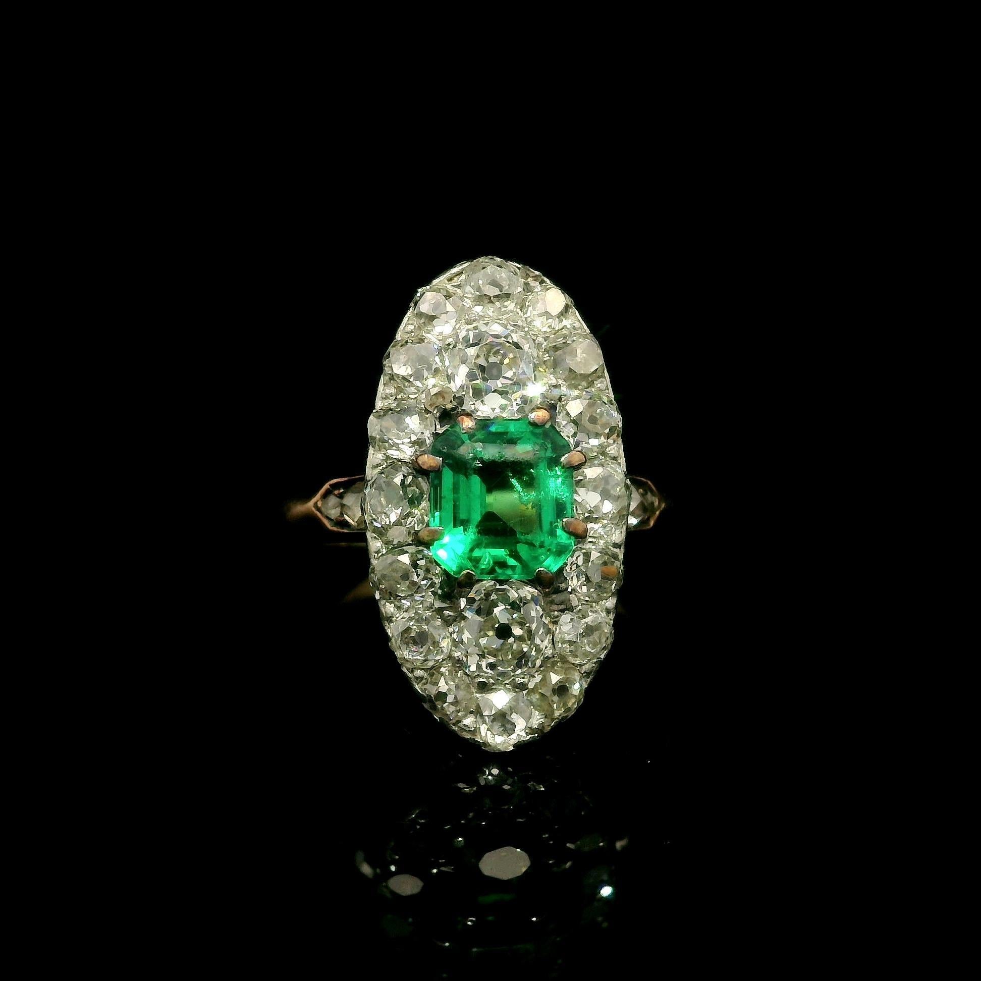 Antique French Gold w/ Platinum Muzo Colombian Emerald & Diamond Navette Ring For Sale 7