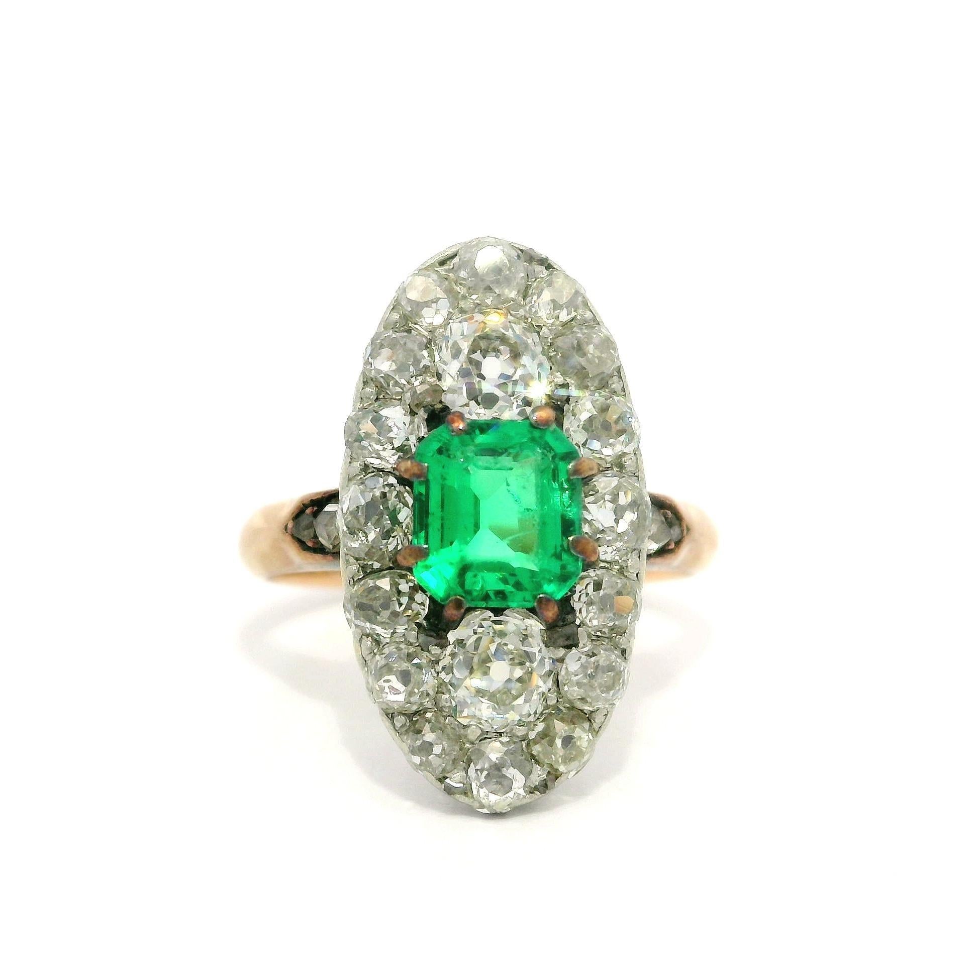 Antique French Gold w/ Platinum Muzo Colombian Emerald & Diamond Navette Ring For Sale 9