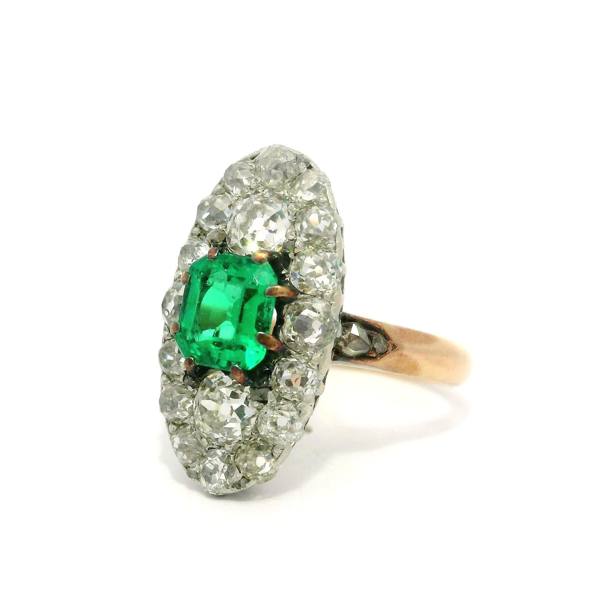 Antique French Gold w/ Platinum Muzo Colombian Emerald & Diamond Navette Ring For Sale 11