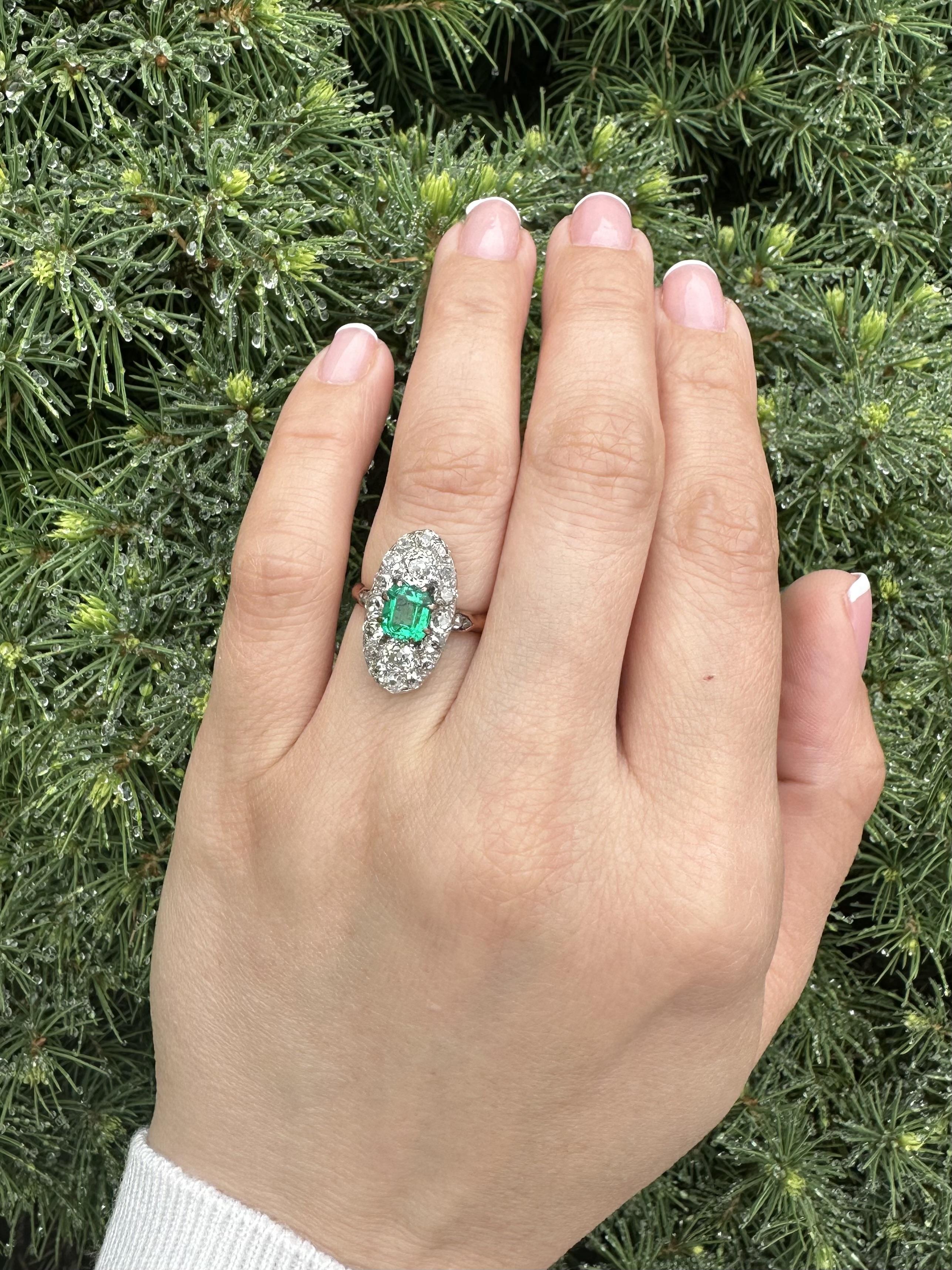 Antique French Gold w/ Platinum Muzo Colombian Emerald & Diamond Navette Ring For Sale 12