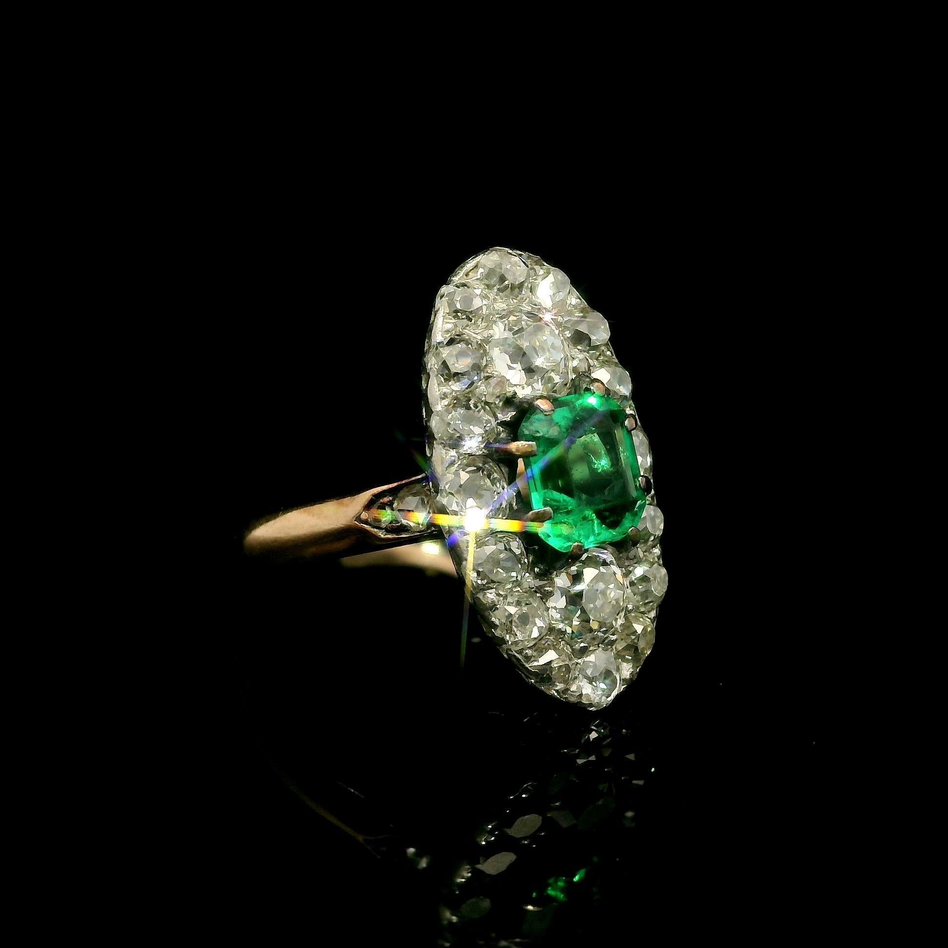 Old European Cut Antique French Gold w/ Platinum Muzo Colombian Emerald & Diamond Navette Ring For Sale