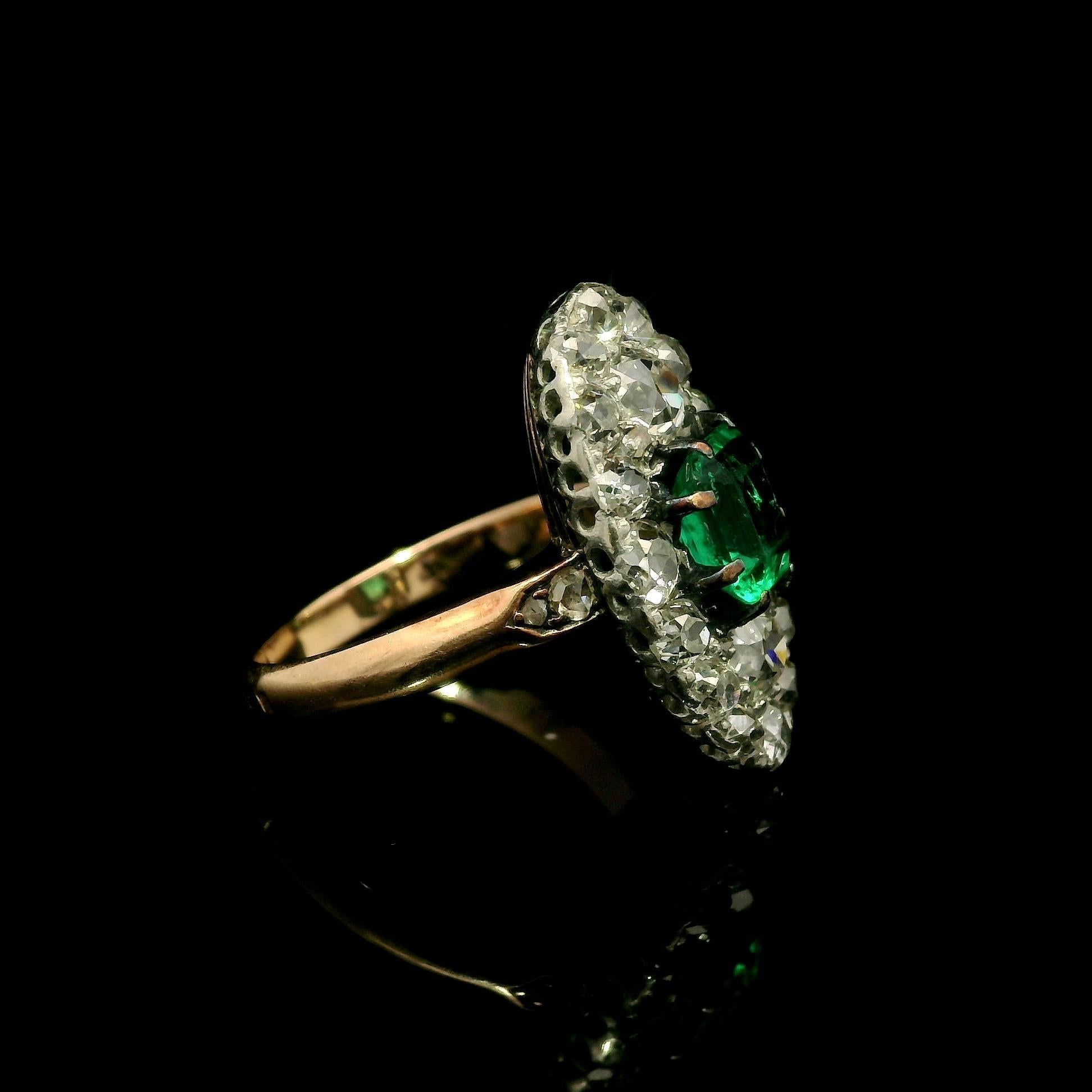 Antique French Gold w/ Platinum Muzo Colombian Emerald & Diamond Navette Ring In Good Condition For Sale In Montclair, NJ