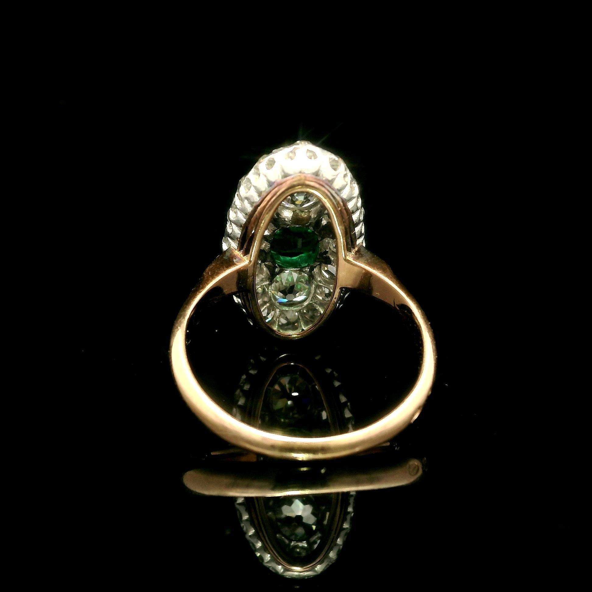 Women's Antique French Gold w/ Platinum Muzo Colombian Emerald & Diamond Navette Ring For Sale