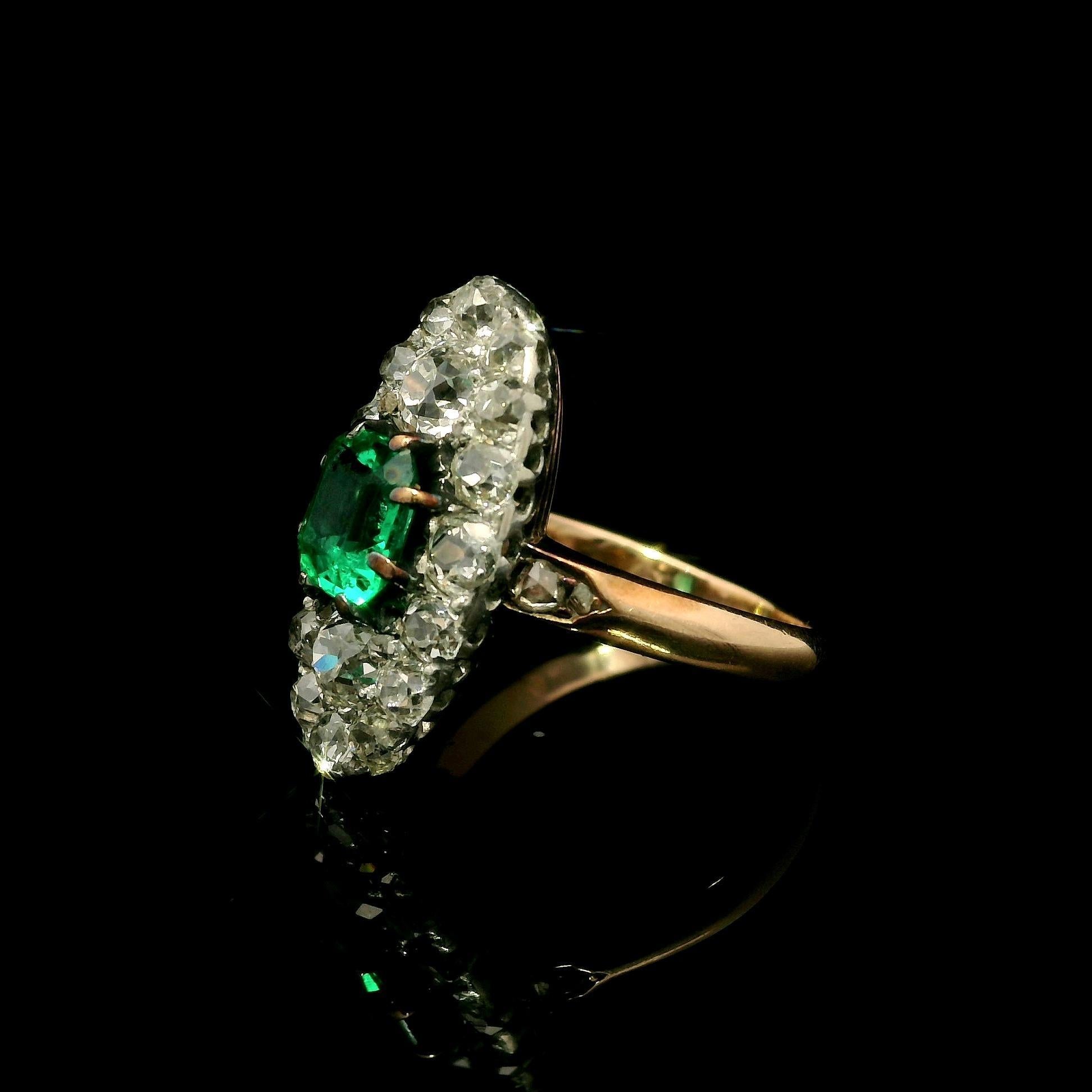 Antique French Gold w/ Platinum Muzo Colombian Emerald & Diamond Navette Ring For Sale 1