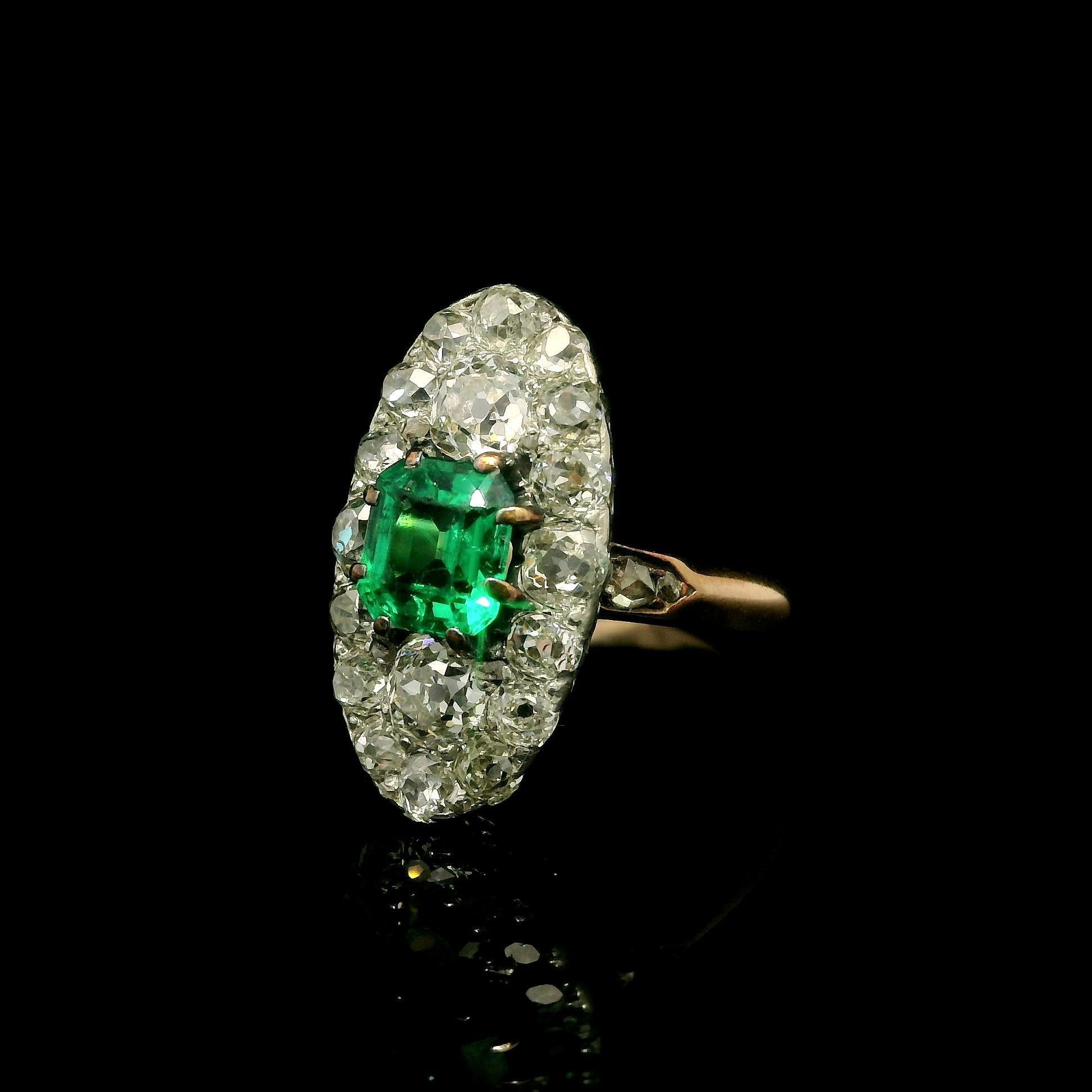 Antique French Gold w/ Platinum Muzo Colombian Emerald & Diamond Navette Ring For Sale 2