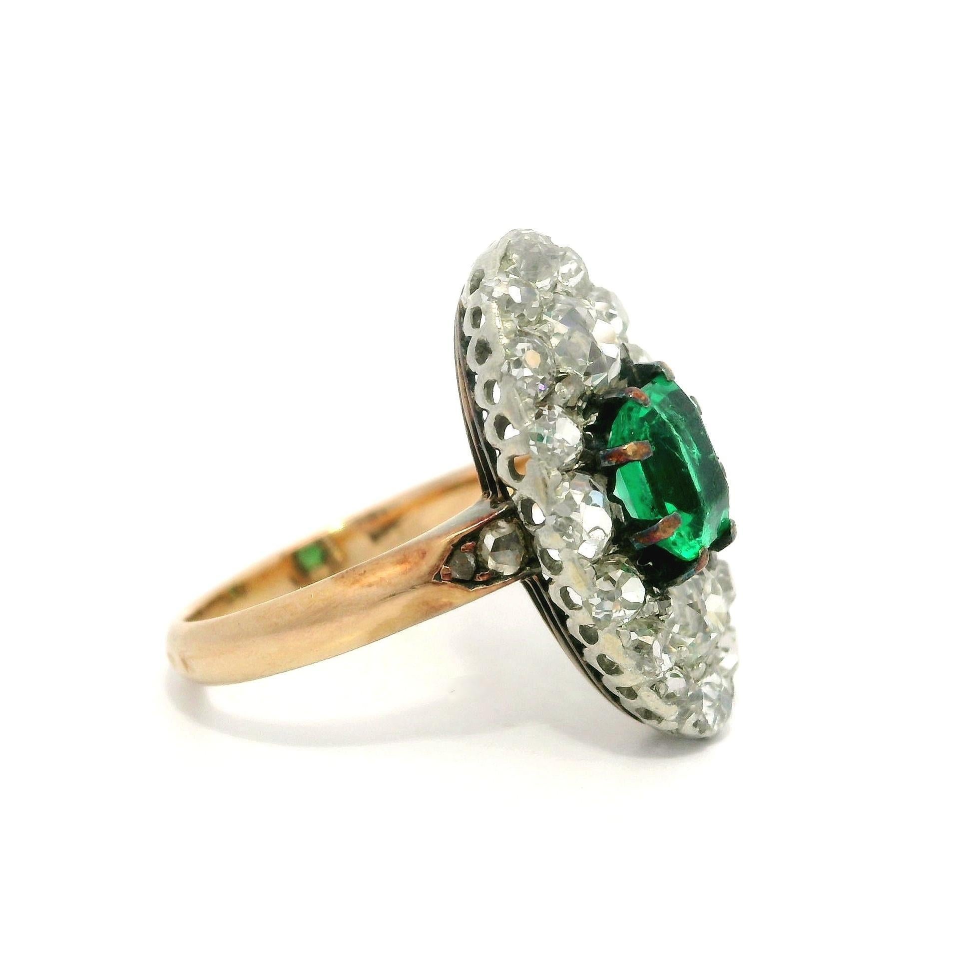 Antique French Gold w/ Platinum Muzo Colombian Emerald & Diamond Navette Ring For Sale 3