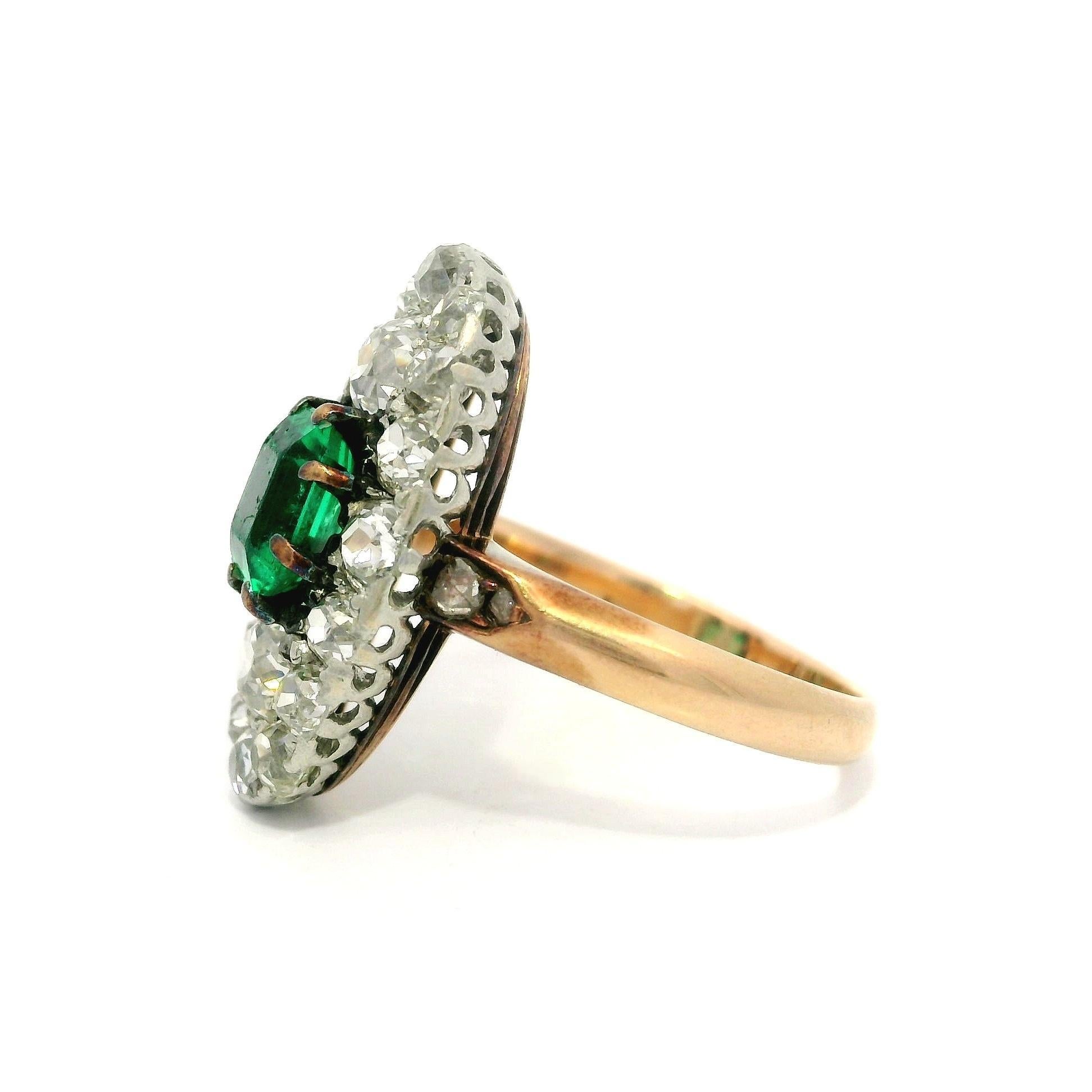 Antique French Gold w/ Platinum Muzo Colombian Emerald & Diamond Navette Ring For Sale 4