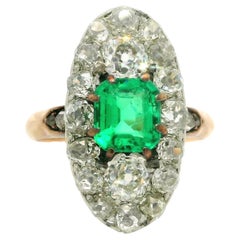 Antique French Gold w/ Platinum Muzo Colombian Emerald & Diamond Navette Ring