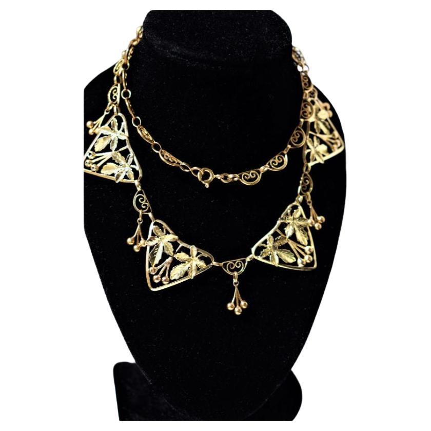Women's Antique French Golden Chain, Antique Golden Fancy Link Edwardian Golden Necklace
