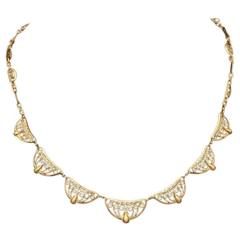 Antique French Golden Necklace in original case, France, circa 1910. For Sale