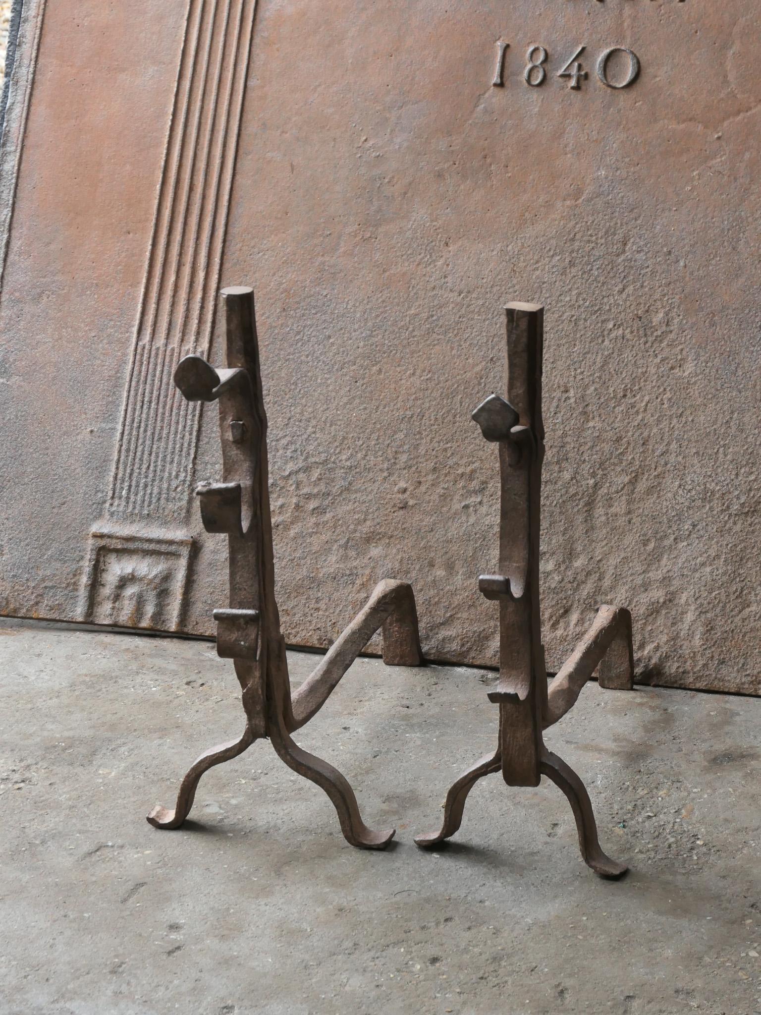 Forged Antique French Gothic Andirons, 17th Century For Sale