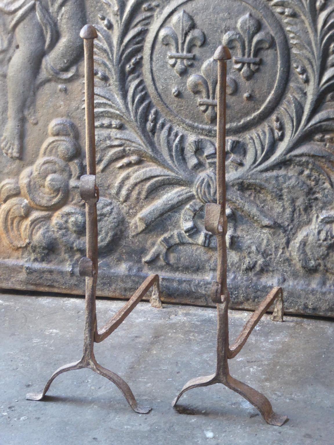 Forged Antique French Gothic Andirons or Firedogs, 17th Century For Sale