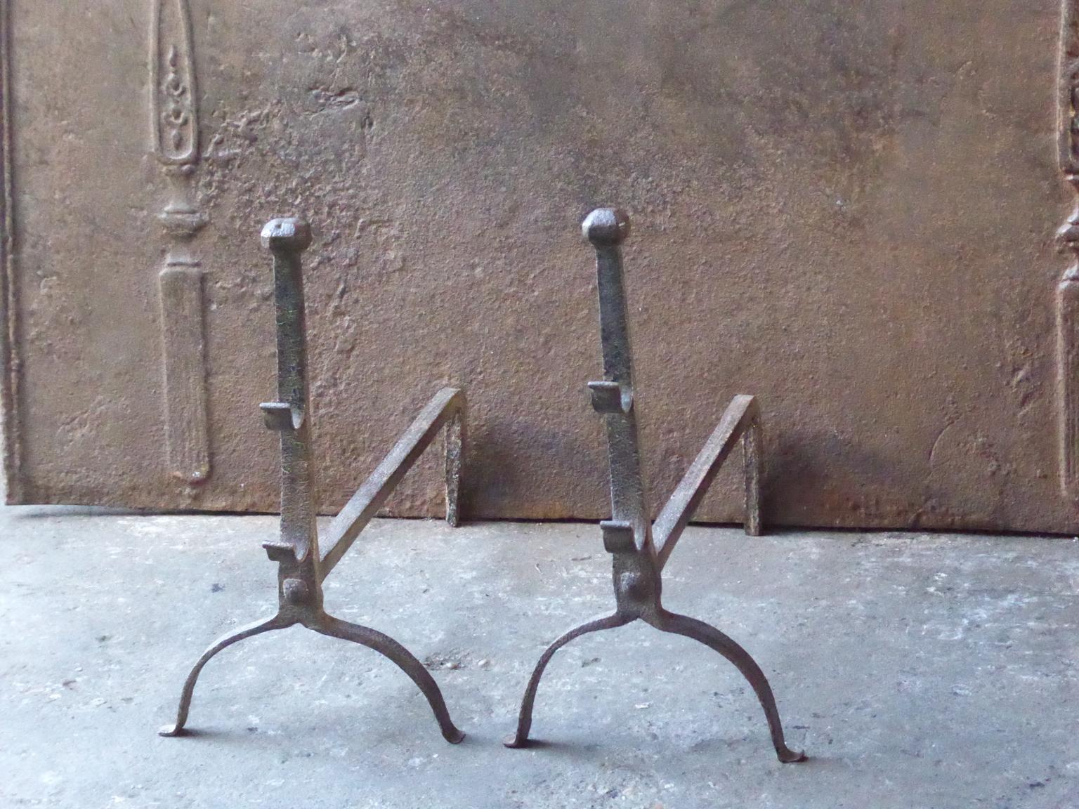 Forged Antique French Gothic Andirons or Firedogs, 17th Century For Sale