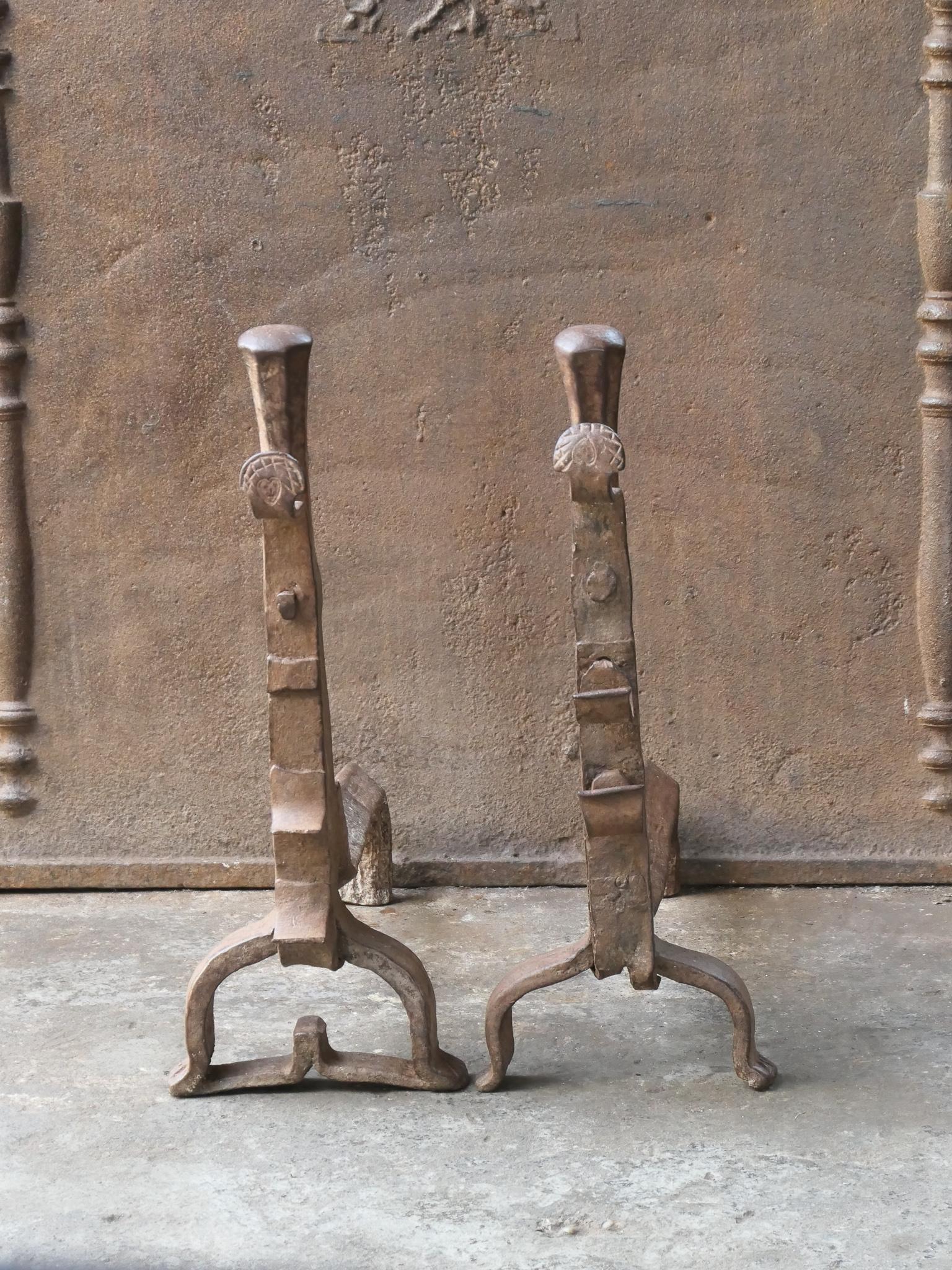 Forged Antique French Gothic Andirons or Firedogs, 17th Century