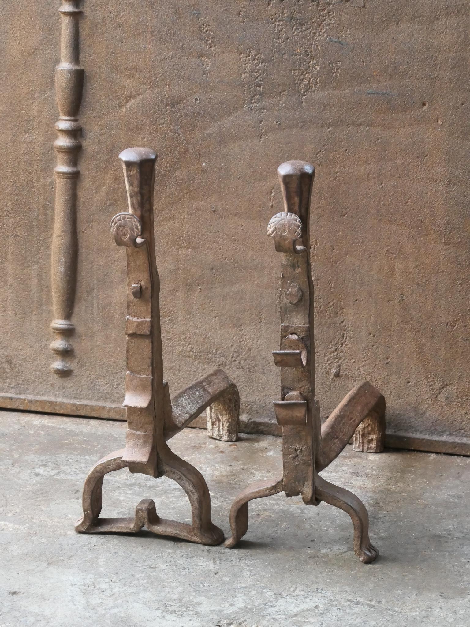 18th Century and Earlier Antique French Gothic Andirons or Firedogs, 17th Century